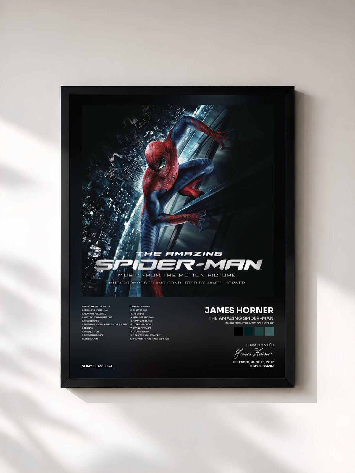 #noir Tableau de l'album The Amazing Spider-Man (Music from the Motion Picture) de James Horner, cadre noir, imprimé et encadré en France