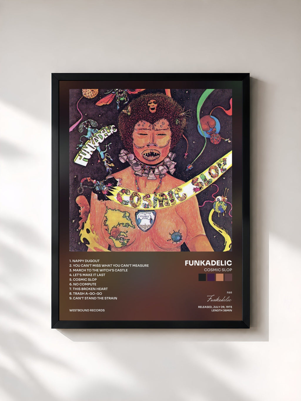 #noir Cosmic Slop de Funkadelic en lámina enmarcada, marco negro, impresa y enmarcada en Francia
