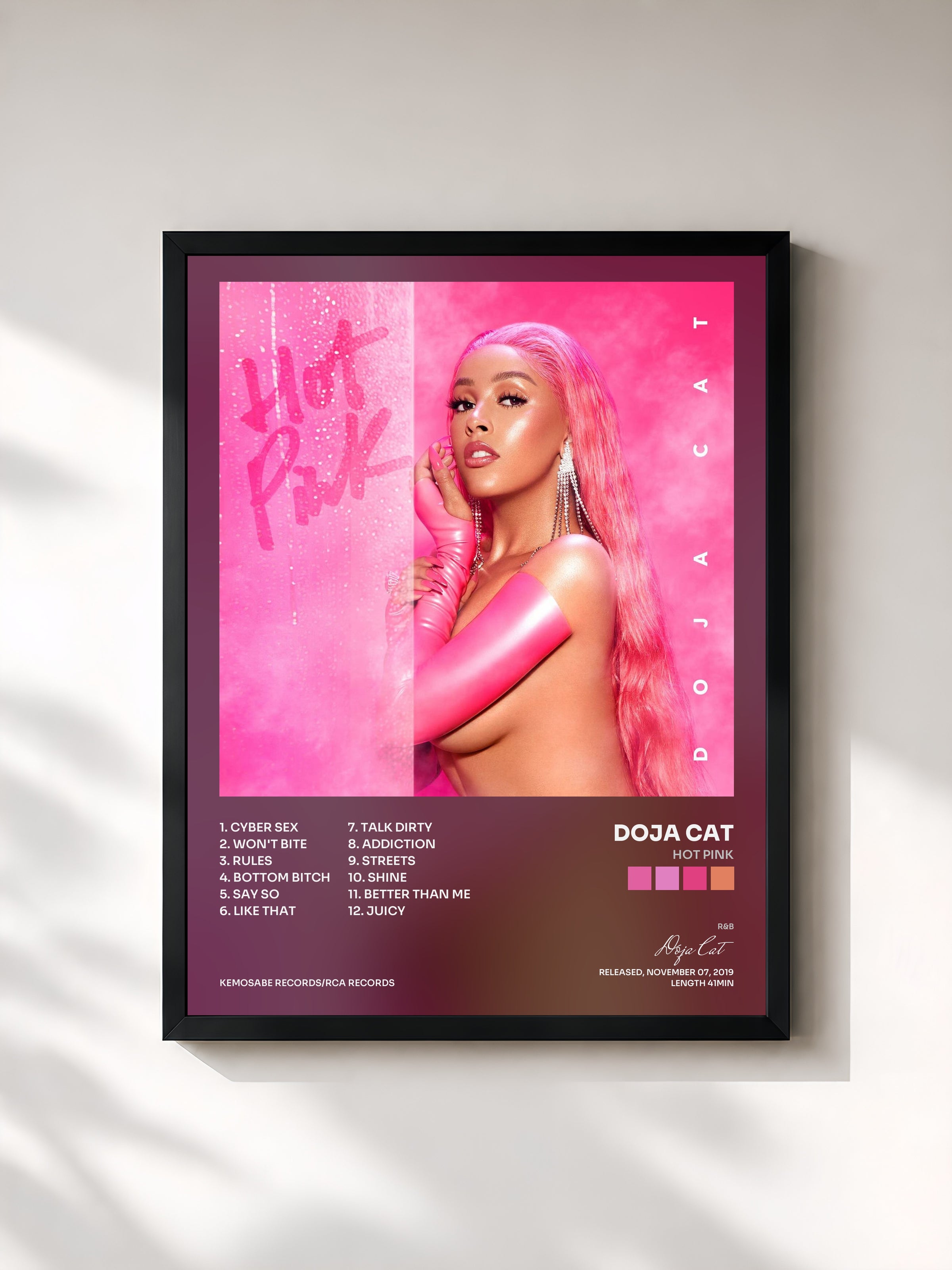 #noir Tableau de l'album Hot Pink de Doja Cat, cadre noir, imprimé et encadré en France