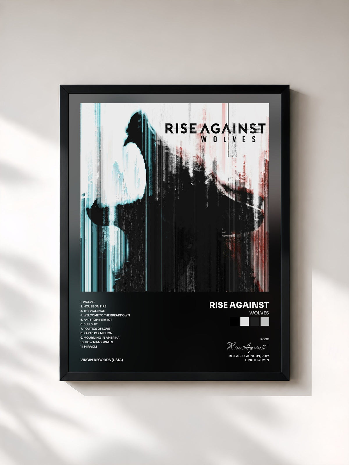 #noir Tableau de l'album Wolves de Rise Against, cadre noir, imprimé et encadré en France