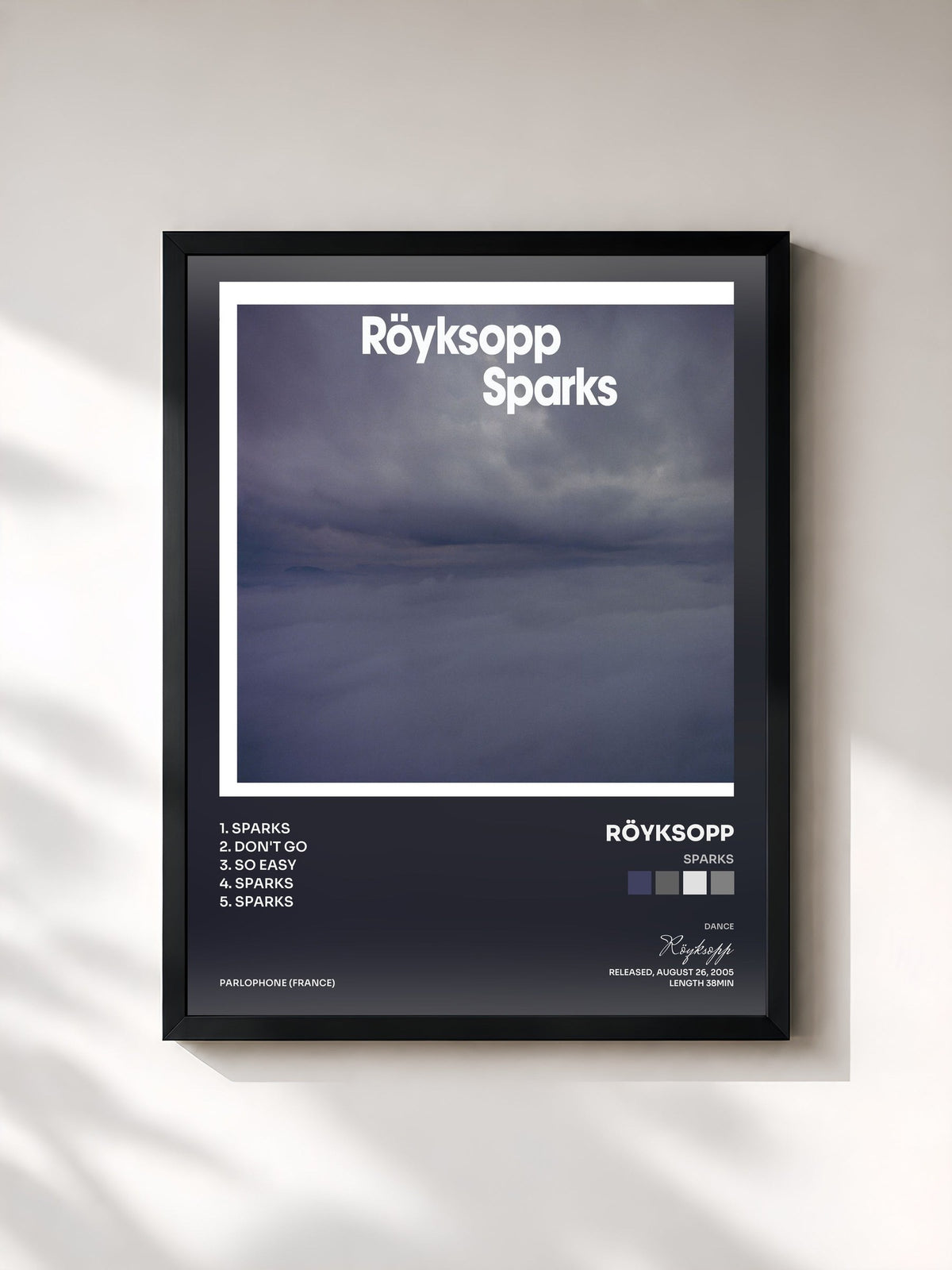 #noir Tableau de l'album Sparks de Röyksopp, cadre noir, imprimé et encadré en France