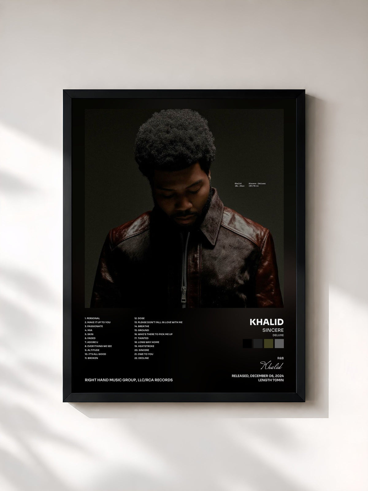 #noir Tableau de l'album Sincere (Deluxe) de Khalid, cadre noir, imprimé et encadré en France