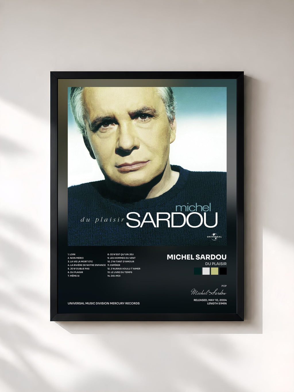 #noir Tableau de l'album Du Plaisir de Michel Sardou, cadre noir, imprimé et encadré en France