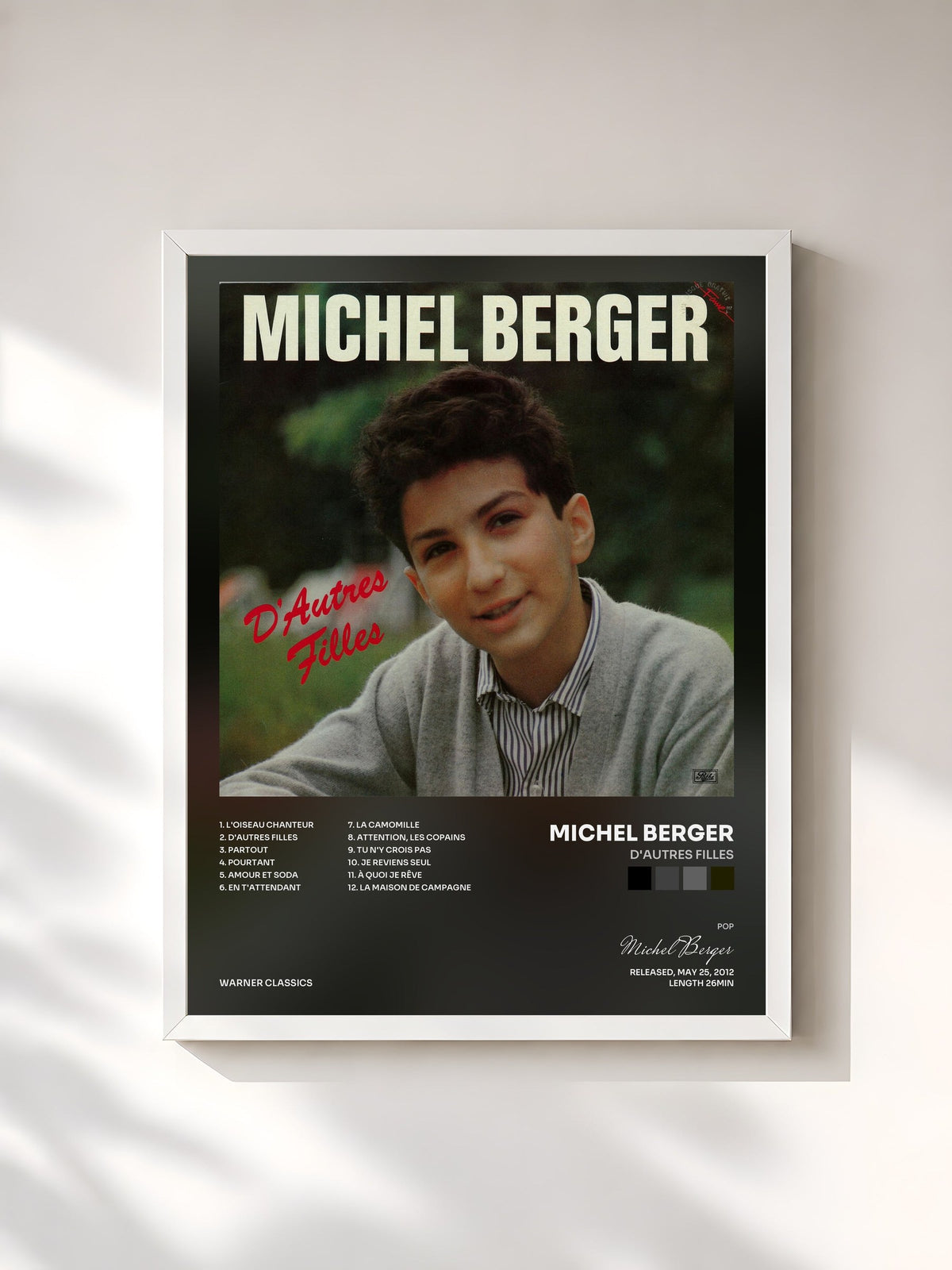 #blanc Tableau de l'album D'autres filles de Michel Berger, cadre blanc, imprimé et encadré en France