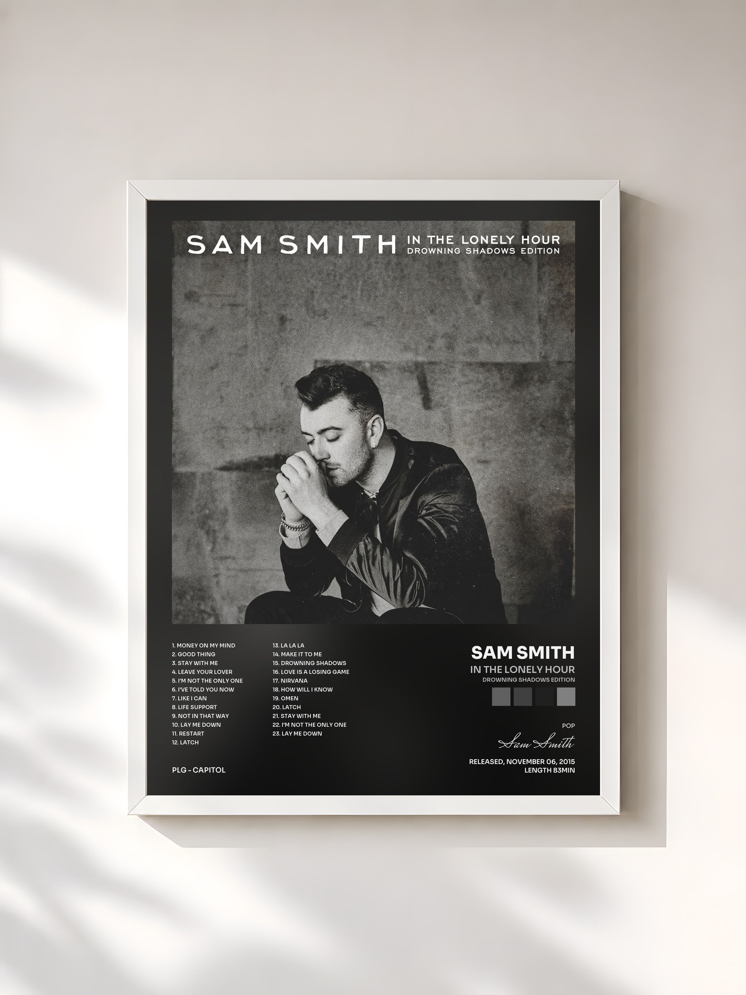 #blanc Tableau de l'album In The Lonely Hour (Drowning Shadows Edition) de Sam Smith, cadre blanc, imprimé et encadré en France