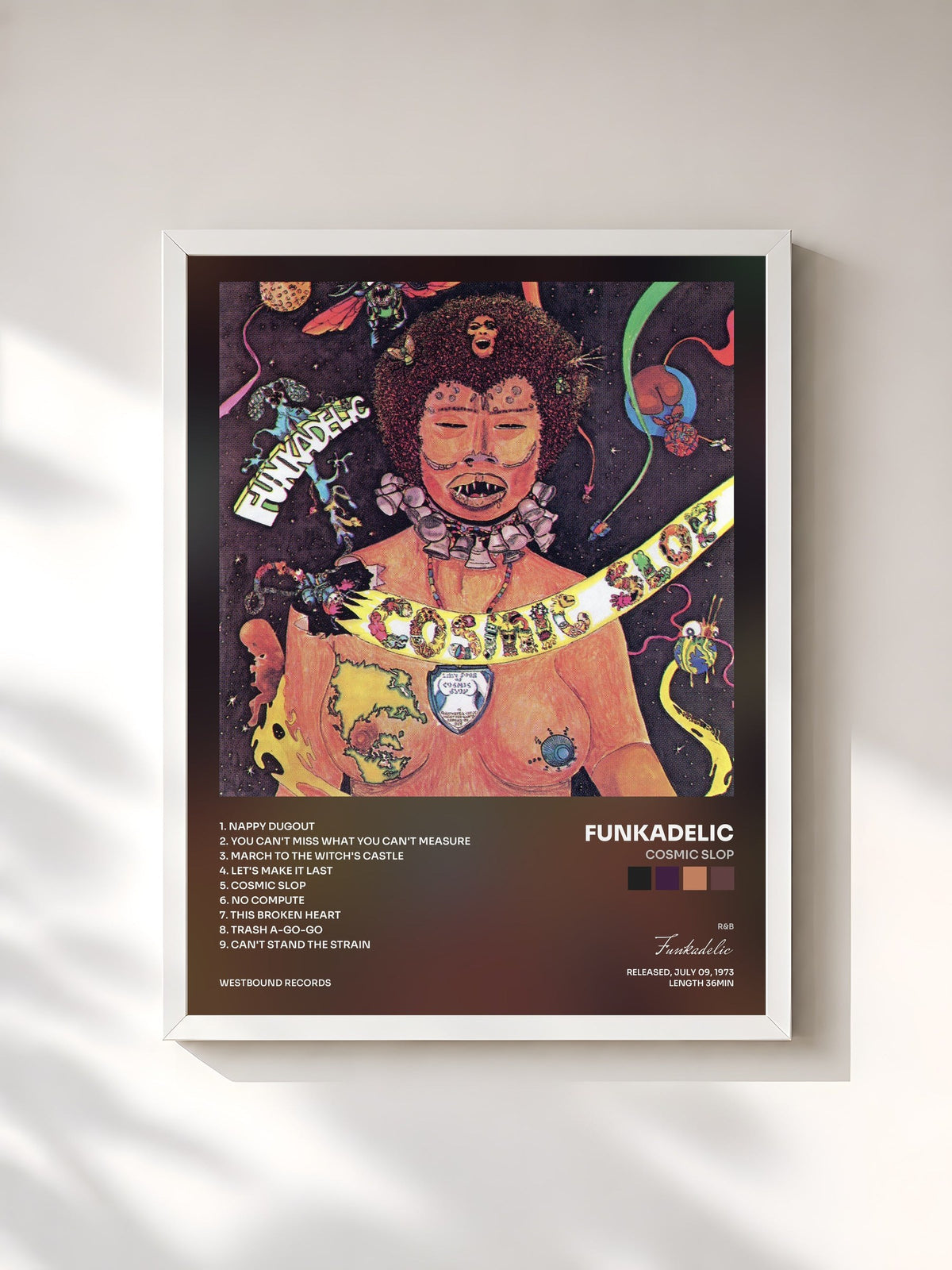 #blanc Tableau de l'album Cosmic Slop de Funkadelic, cadre blanc, imprimé et encadré en France