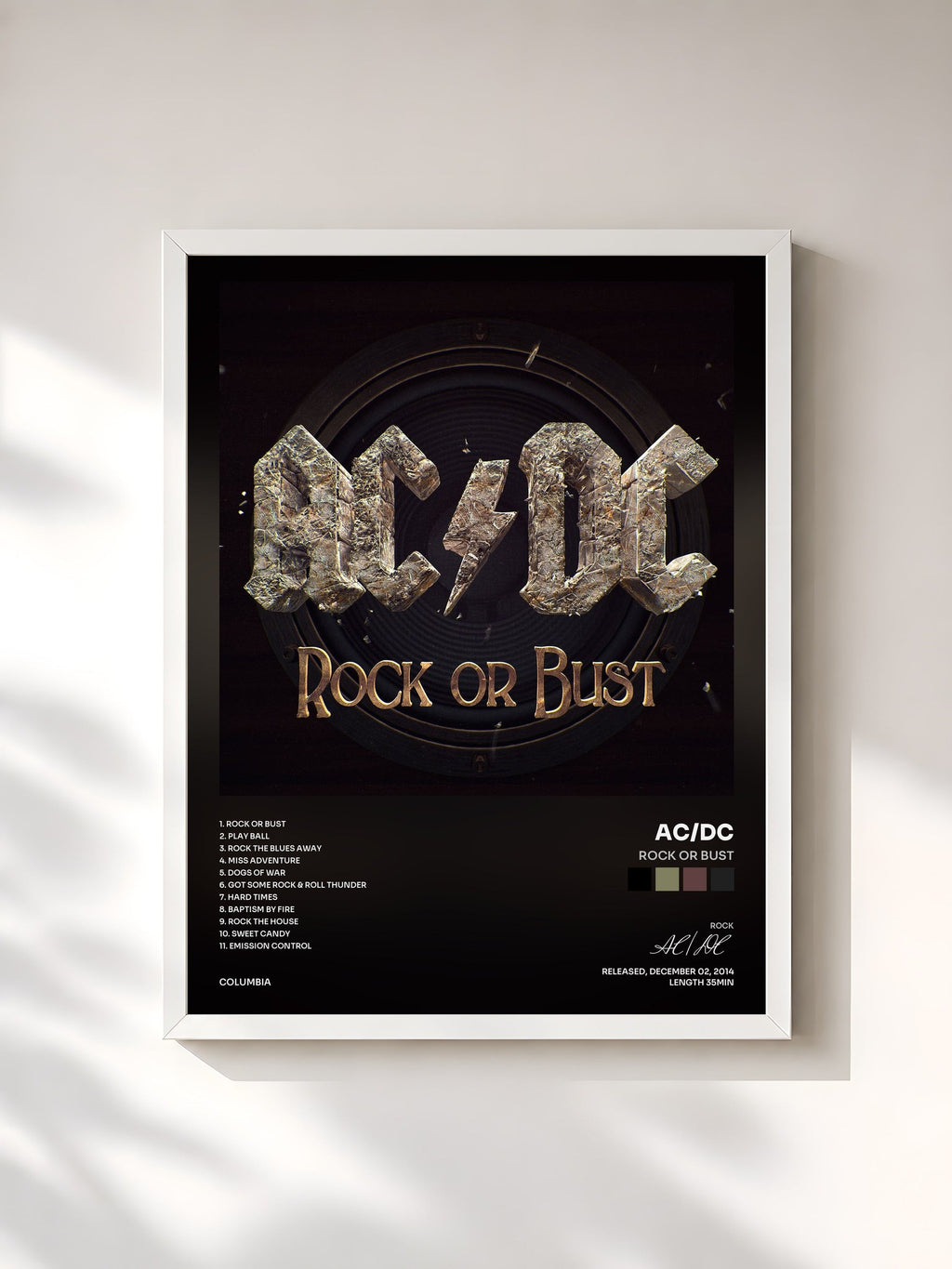 #blanc Tableau de l'album Rock or Bust de AC/DC, cadre blanc, imprimé et encadré en France
