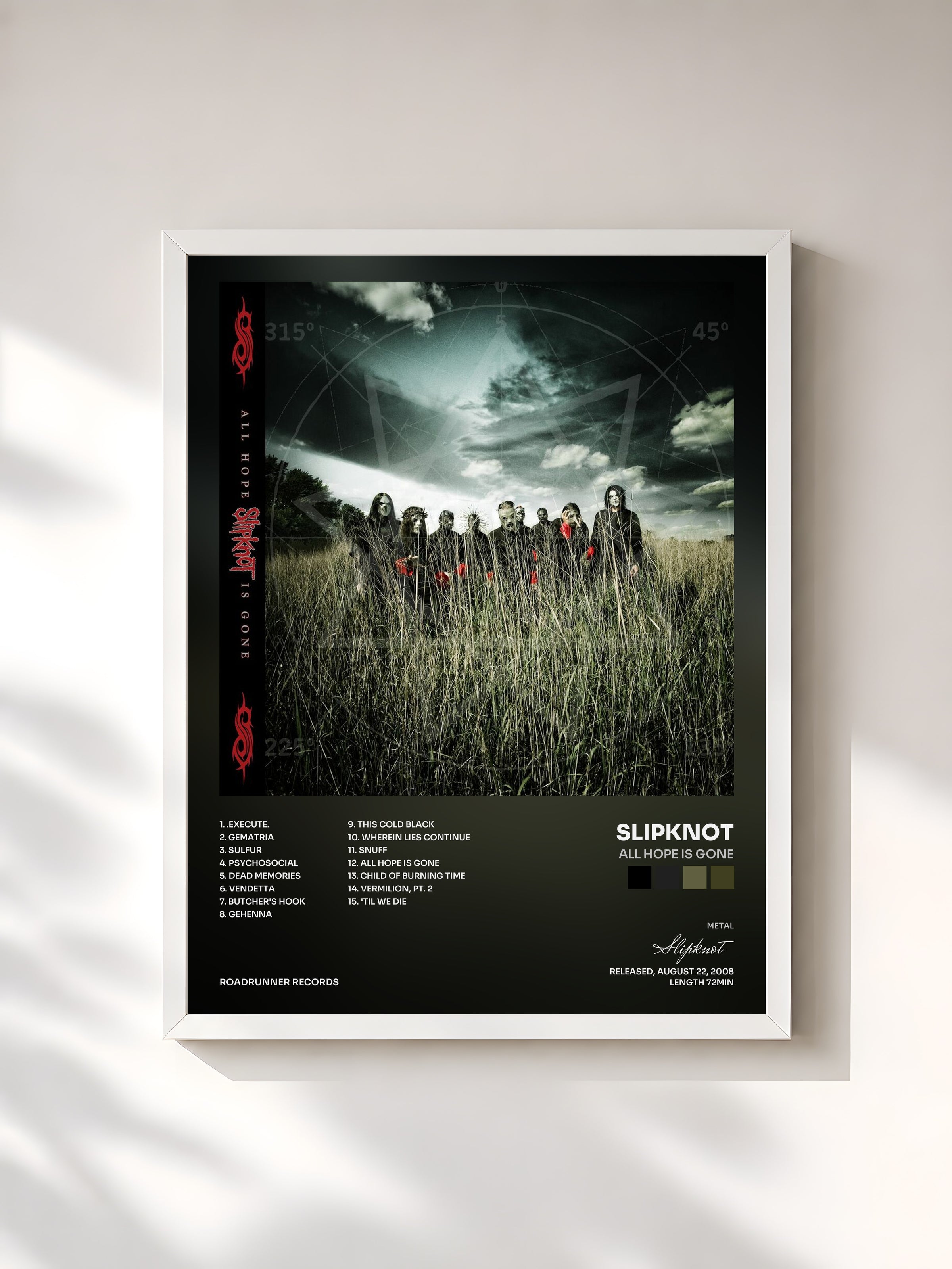 #blanc Tableau de l'album All Hope Is Gone de Slipknot, cadre blanc, imprimé et encadré en France