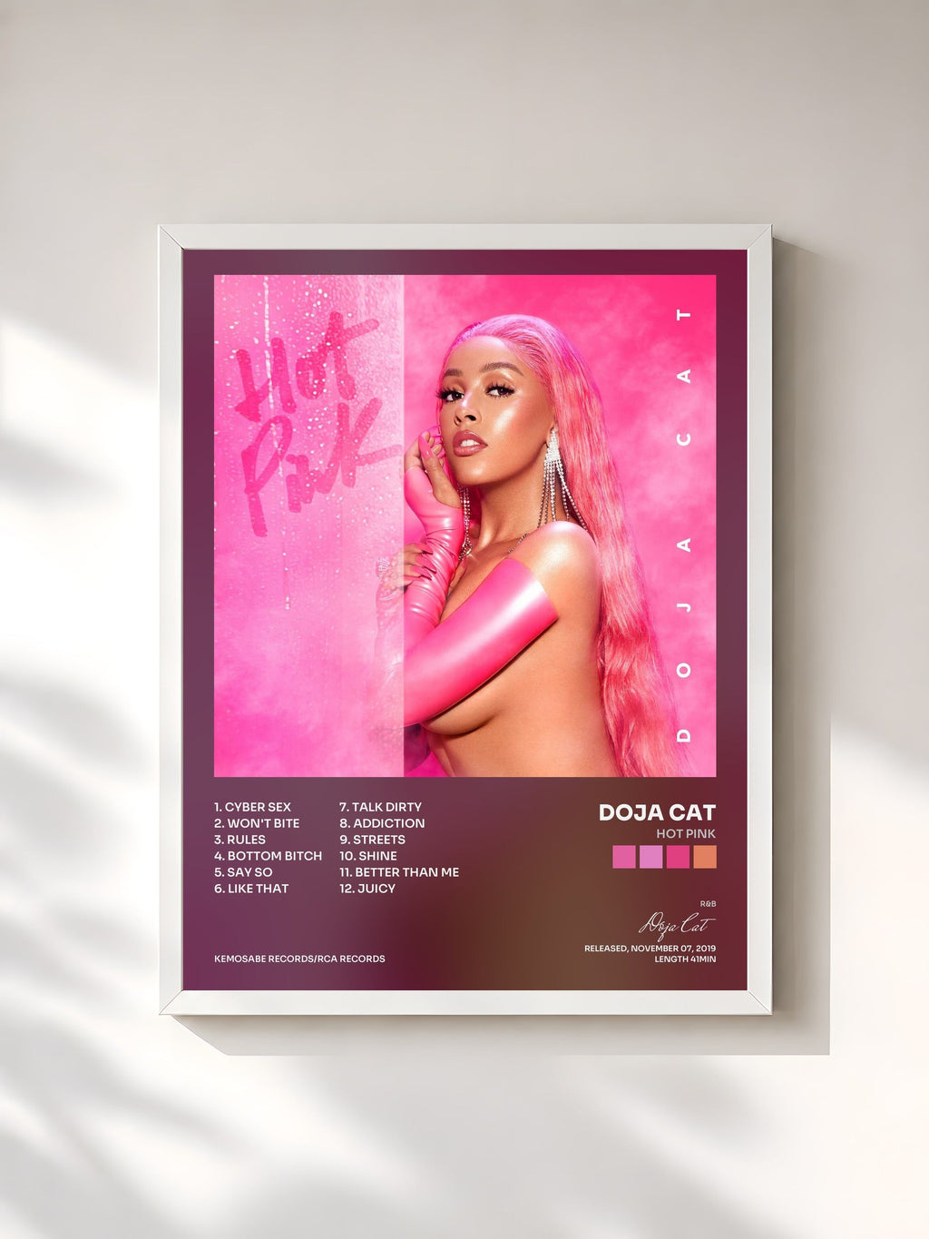#blanc Tableau de l'album Hot Pink de Doja Cat, cadre blanc, imprimé et encadré en France