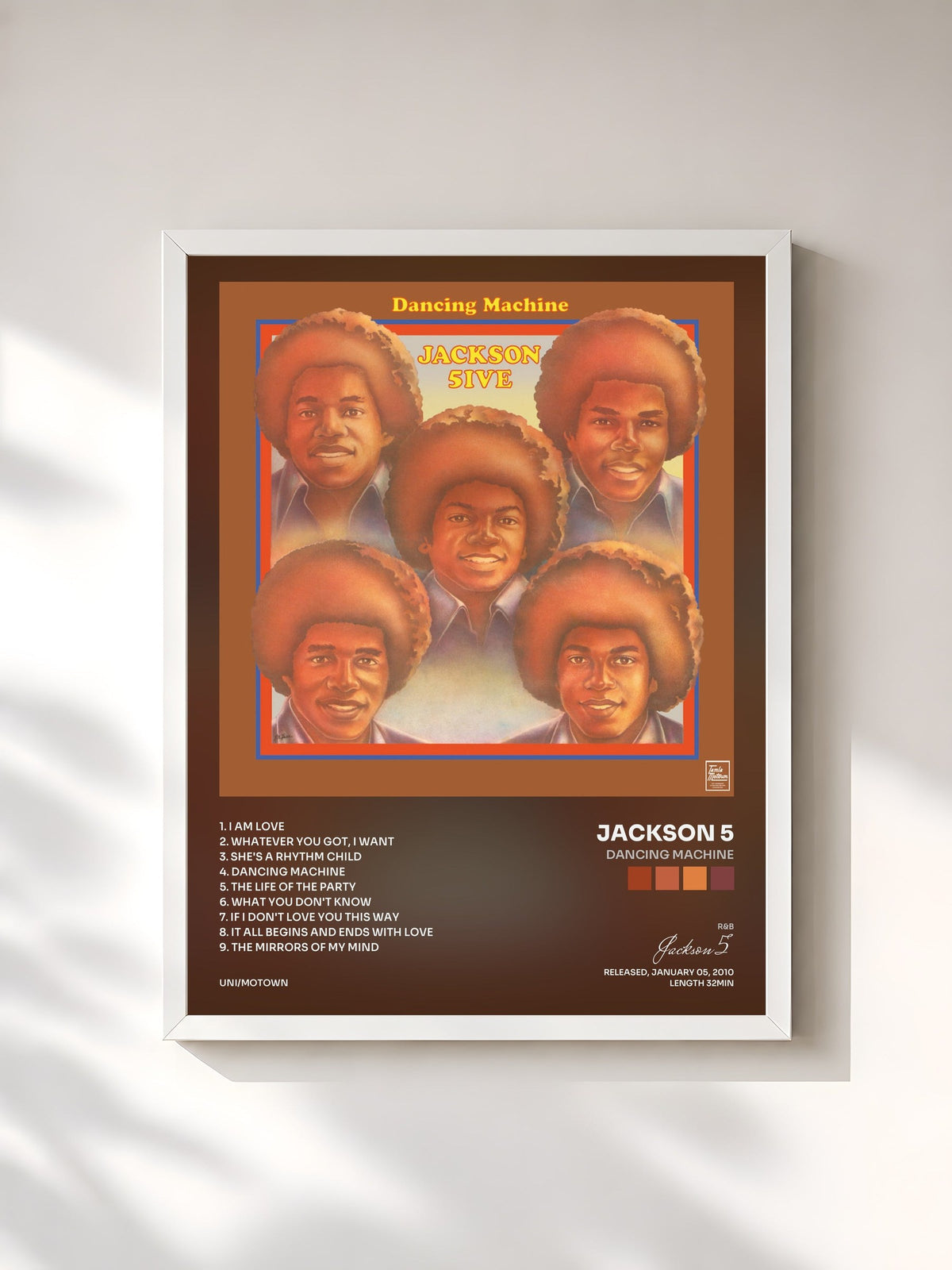 #blanc Tableau de l'album Dancing Machine de Jackson 5, cadre blanc, imprimé et encadré en France