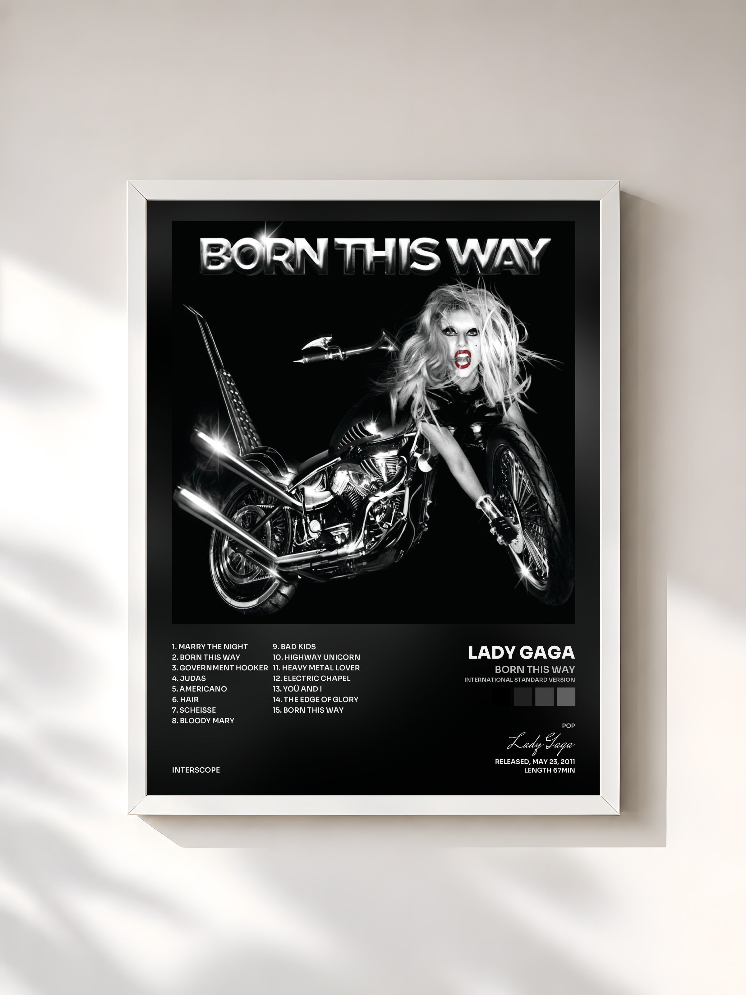 #blanc Tableau de l'album Born This Way (International Standard Version) de Lady Gaga, cadre blanc, imprimé et encadré en France
