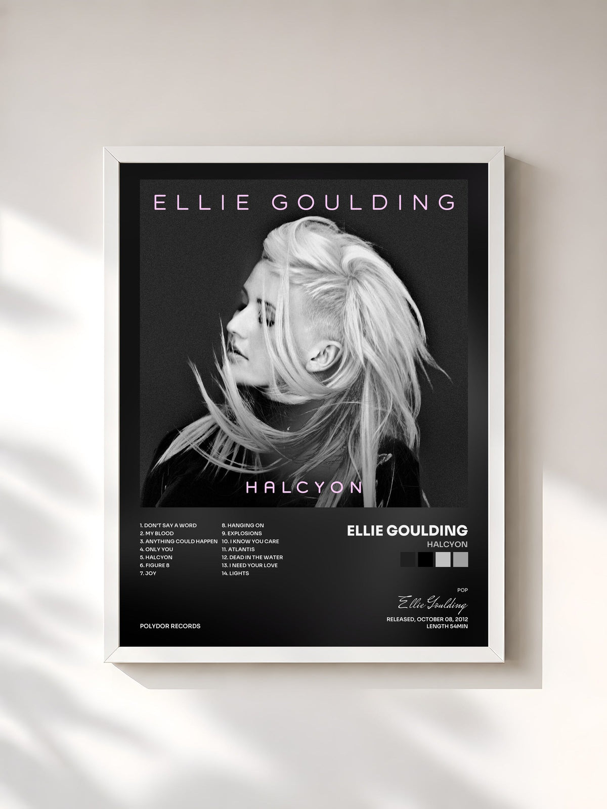 #blanc Tableau de l'album Halcyon de Ellie Goulding, cadre blanc, imprimé et encadré en France