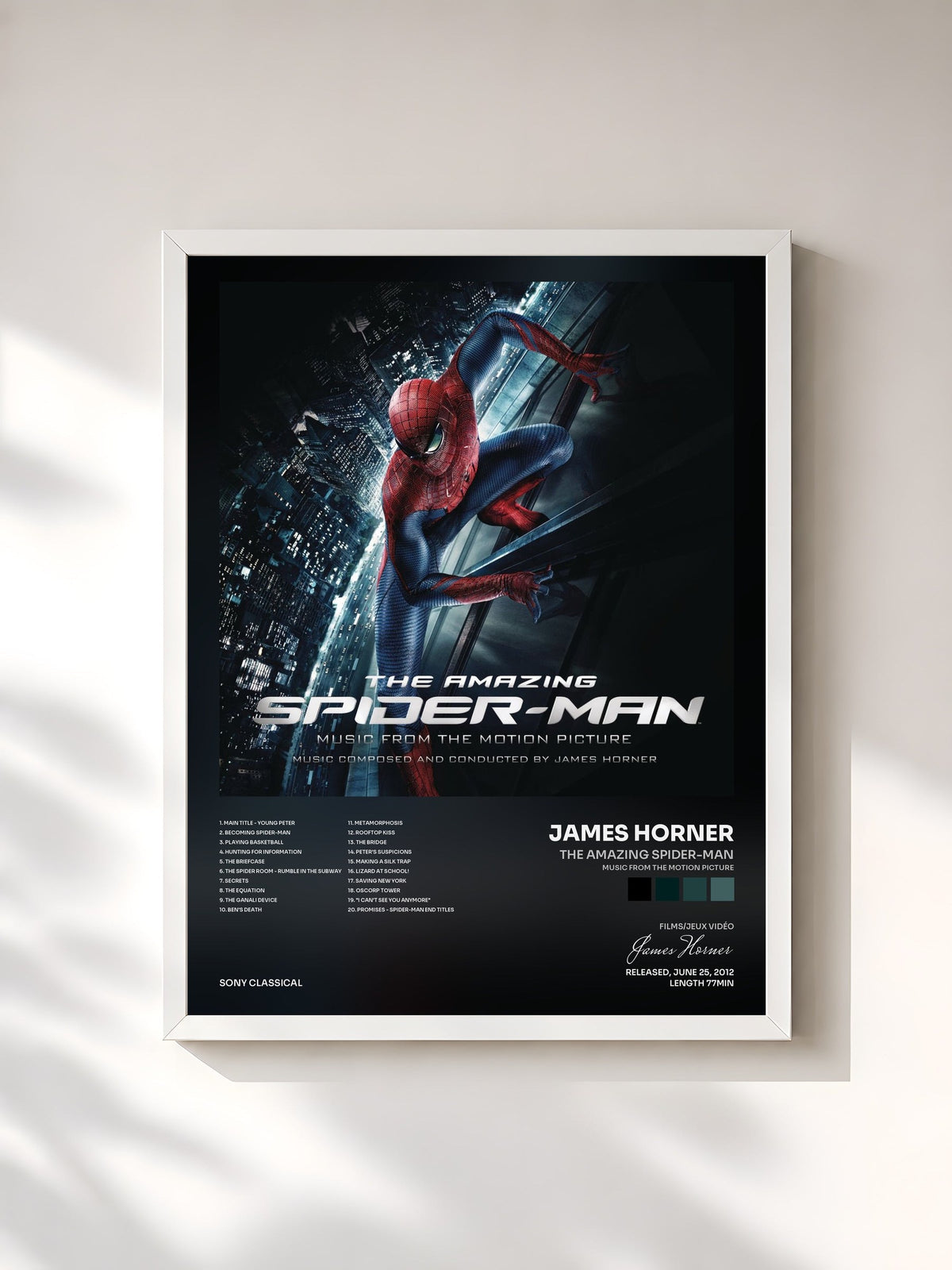 #blanc Tableau de l'album The Amazing Spider-Man (Music from the Motion Picture) de James Horner, cadre blanc, imprimé et encadré en France