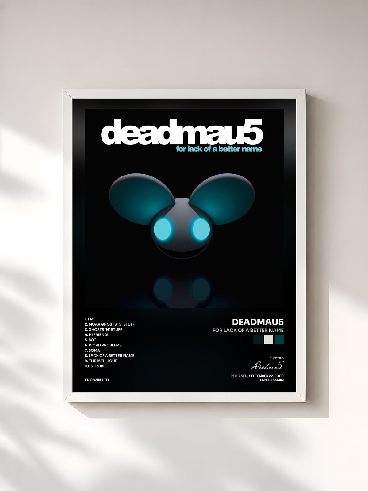 #blanc Tableau de l'album For Lack of a Better Name de Deadmau5, cadre blanc, imprimé et encadré en France