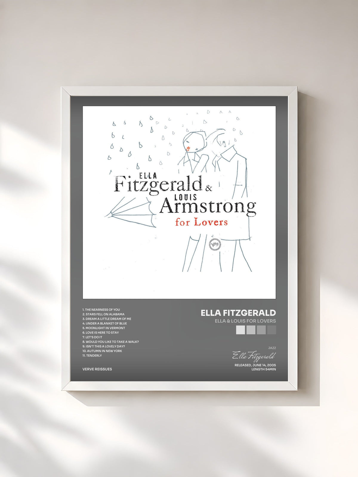 #blanc Tableau de l'album Ella & Louis For Lovers de Ella Fitzgerald, cadre blanc, imprimé et encadré en France