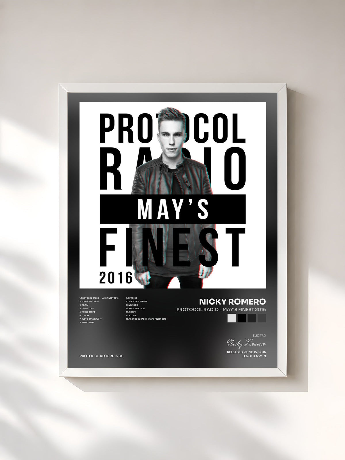 #blanc Tableau de l'album Protocol Radio - May's Finest 2016 de Nicky Romero, cadre blanc, imprimé et encadré en France