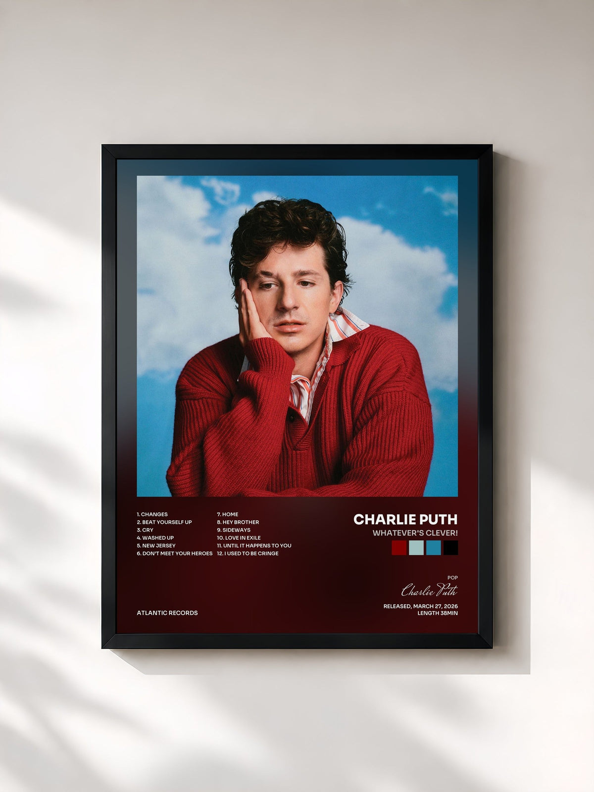 #noir Tableau de l'album Whatever's Clever! de Charlie Puth, cadre noir, imprimé et encadré en France