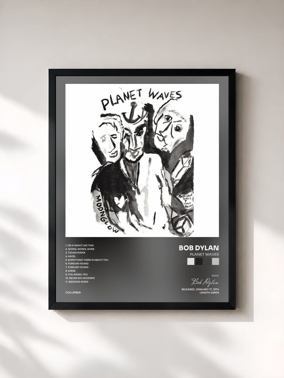 #noir Tableau de l'album Planet Waves de Bob Dylan, cadre noir, imprimé et encadré en France