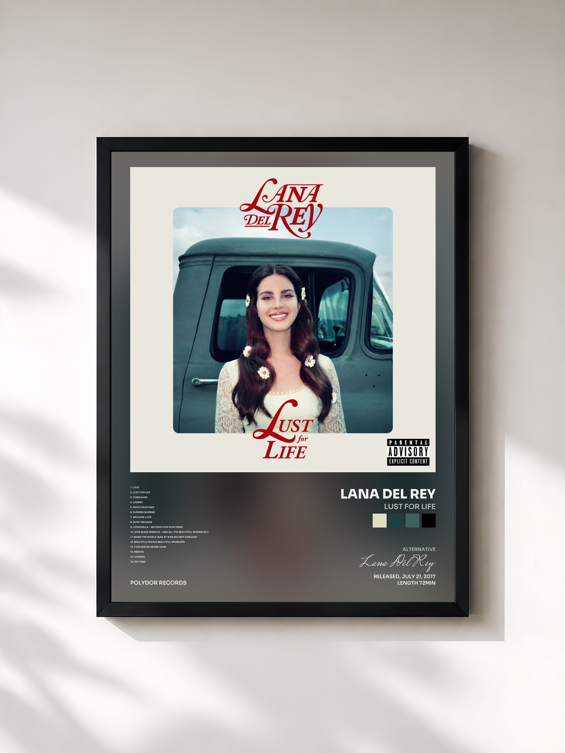 #noir Tableau de l'album Lust For Life de Lana Del Rey, cadre noir, imprimé et encadré en France