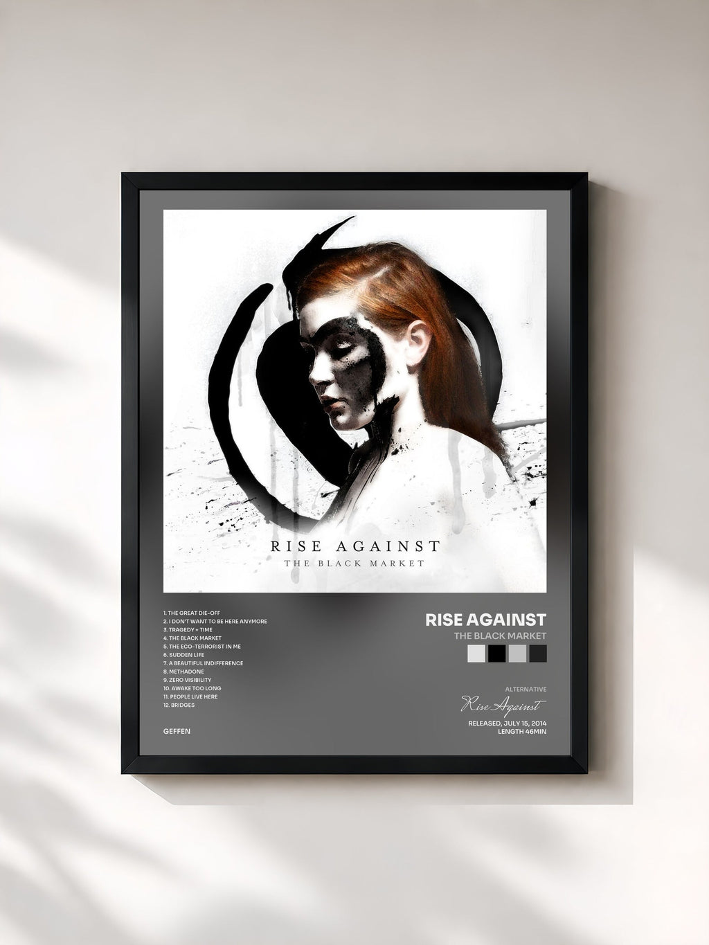 #noir Tableau de l'album The Black Market de Rise Against, cadre noir, imprimé et encadré en France