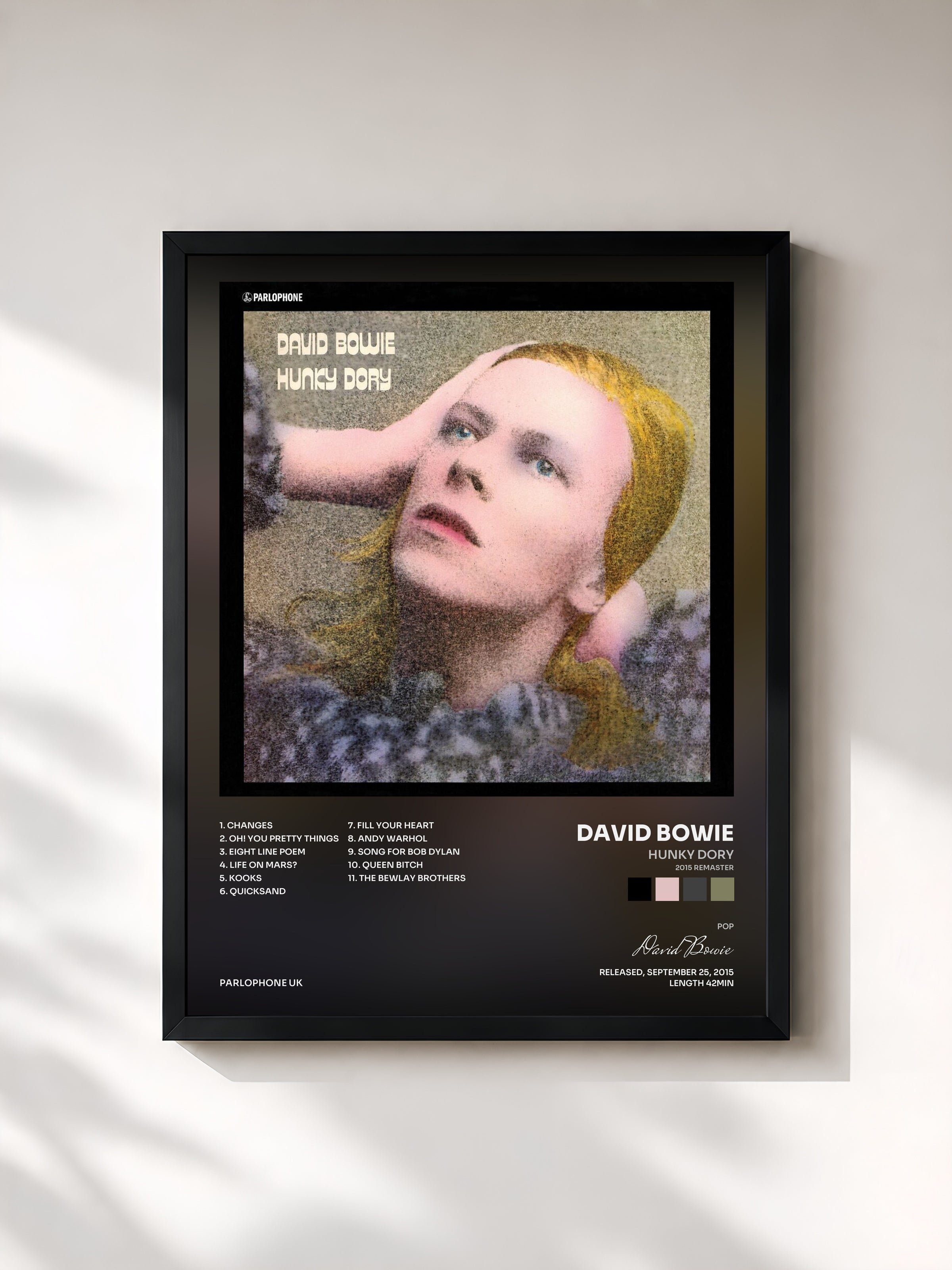 #noir Hunky Dory (2015 Remaster) by David Bowie as a framed art print, black frame, printed and framed in France