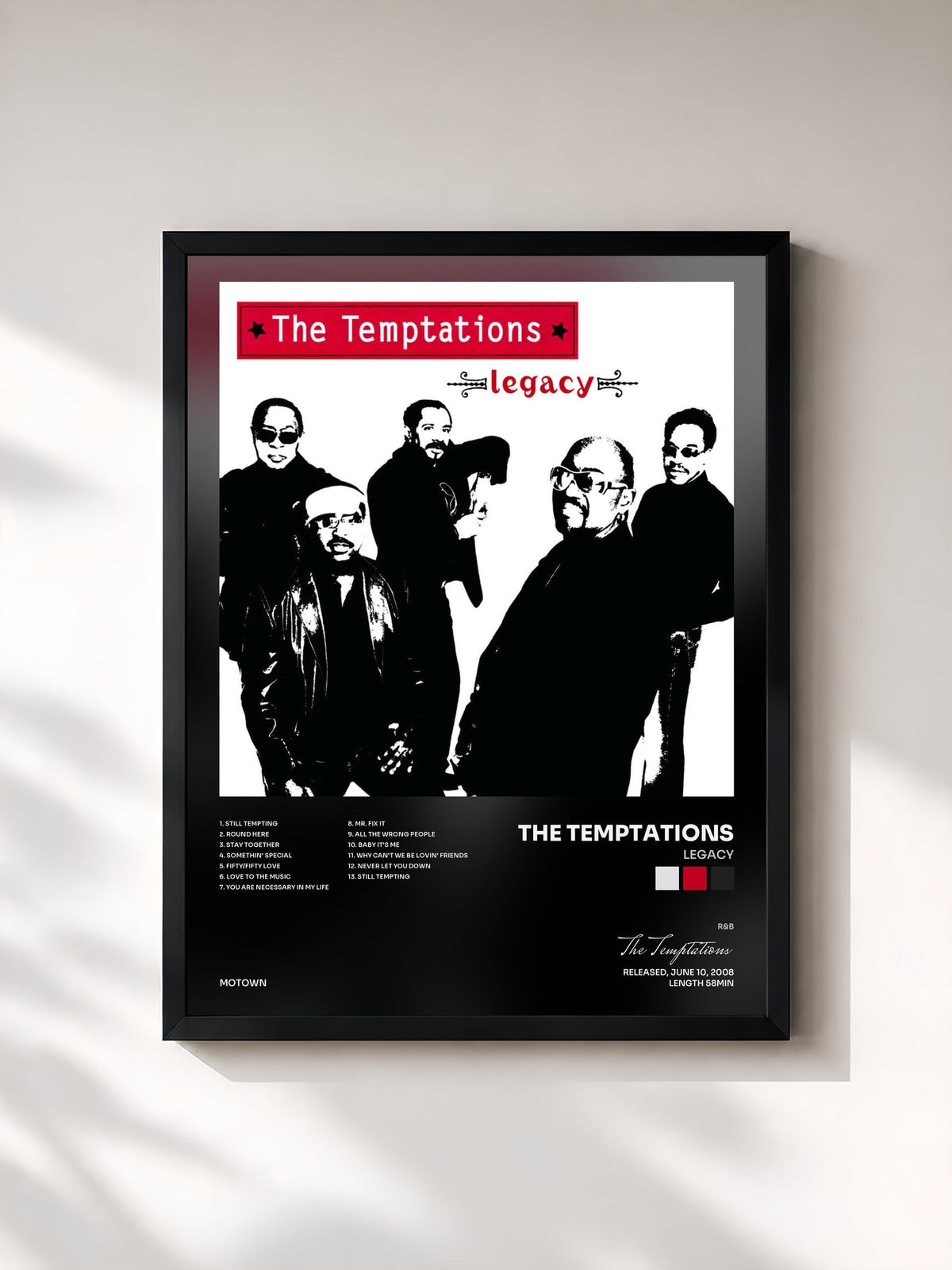 #noir Tableau de l'album Legacy de The Temptations, cadre noir, imprimé et encadré en France