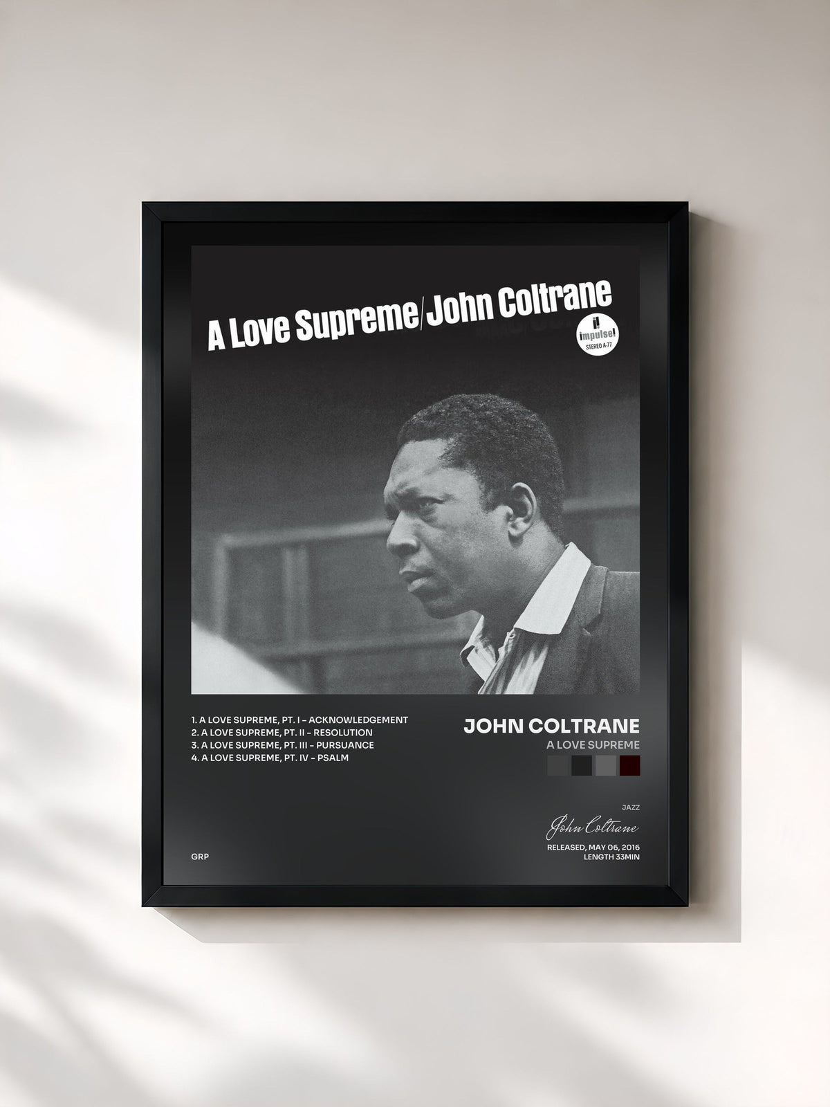 #noir Tableau de l'album A Love Supreme de John Coltrane, cadre noir, imprimé et encadré en France