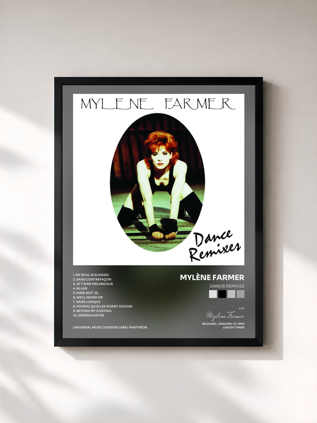 #noir Tableau de l'album Dance Remixes de Mylène Farmer, cadre noir, imprimé et encadré en France