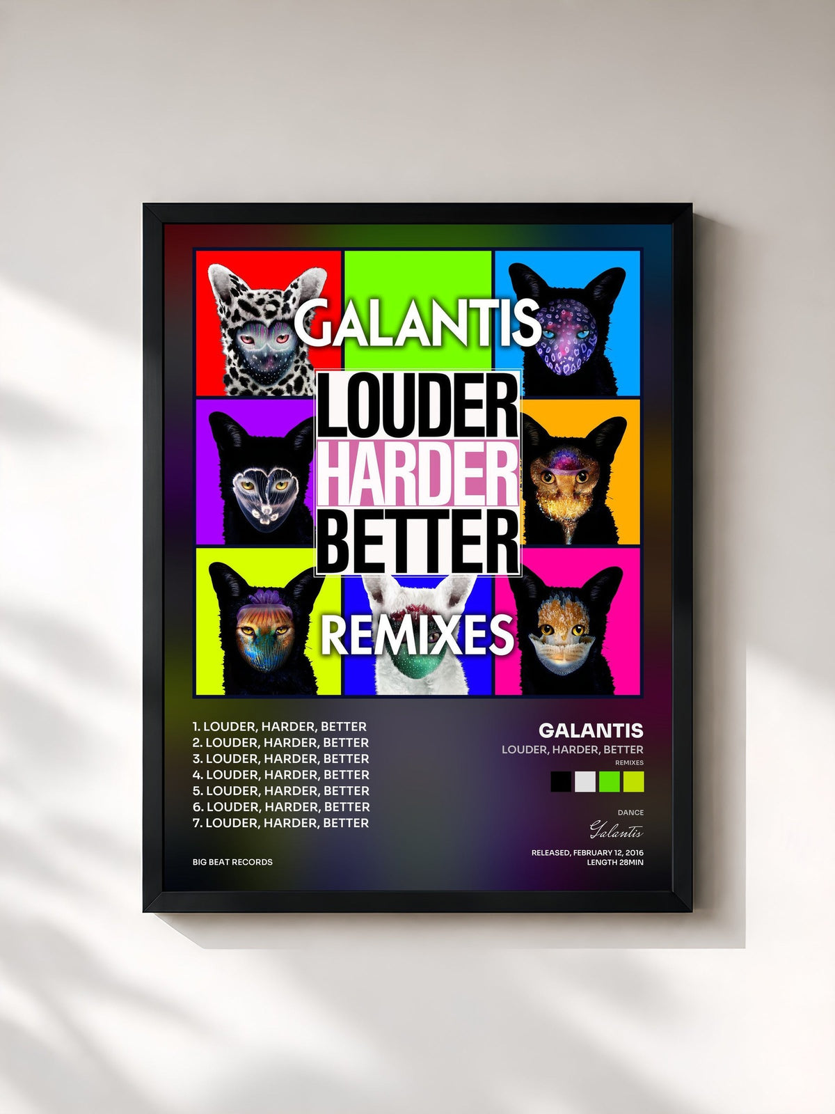 #noir Tableau de l'album Louder, Harder, Better (Remixes) de Galantis, cadre noir, imprimé et encadré en France