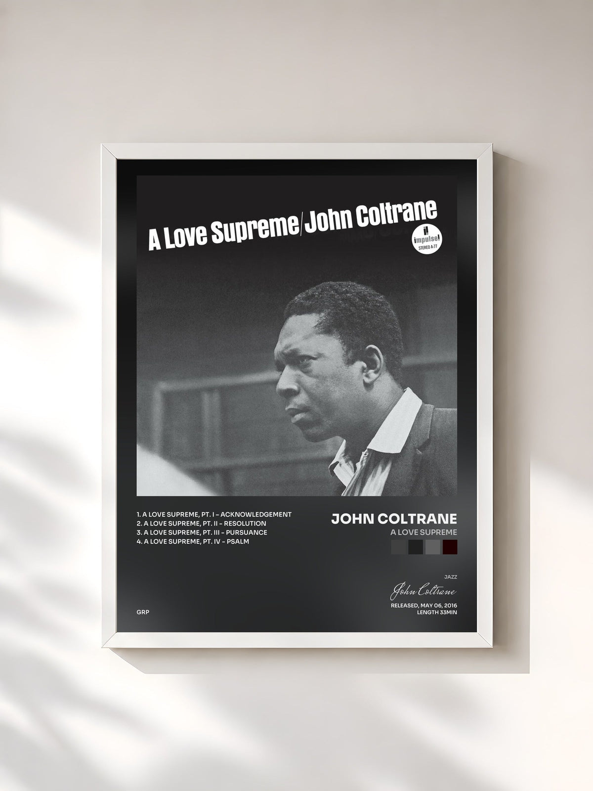#blanc Tableau de l'album A Love Supreme de John Coltrane, cadre blanc, imprimé et encadré en France