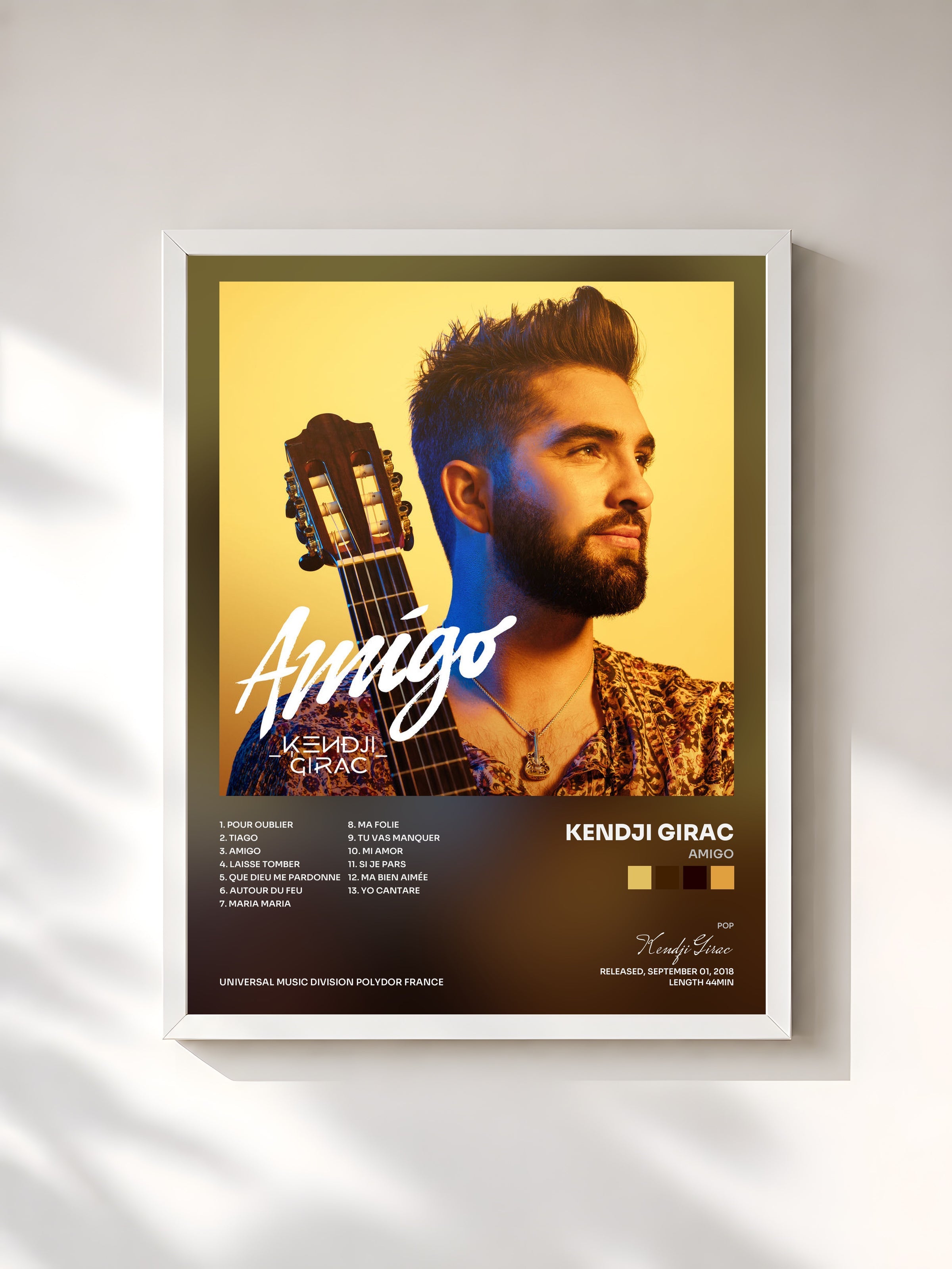 #blanc Amigo by Kendji Girac as a framed art print, white frame, printed and framed in France