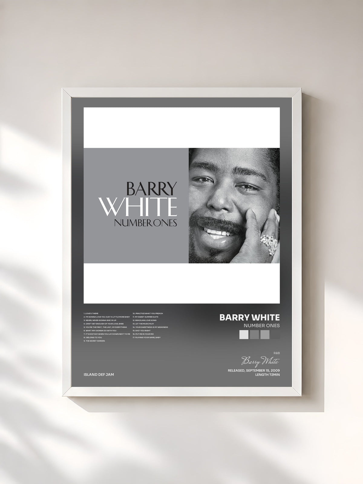 #blanc Number Ones de Barry White en lámina enmarcada, marco blanco, impresa y enmarcada en Francia