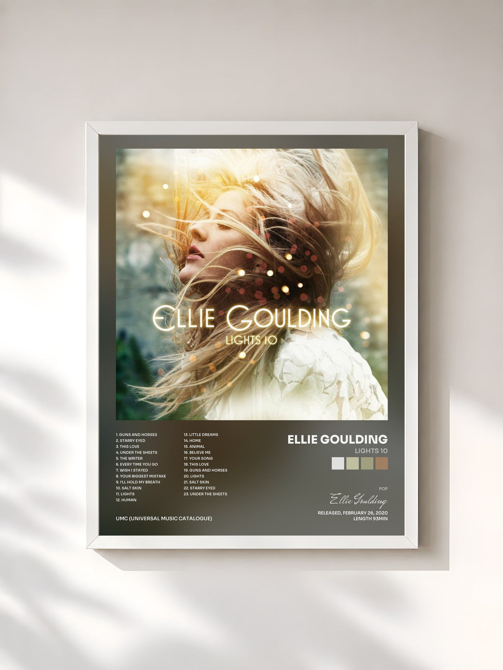 #blanc Tableau de l'album Lights 10 de Ellie Goulding, cadre blanc, imprimé et encadré en France