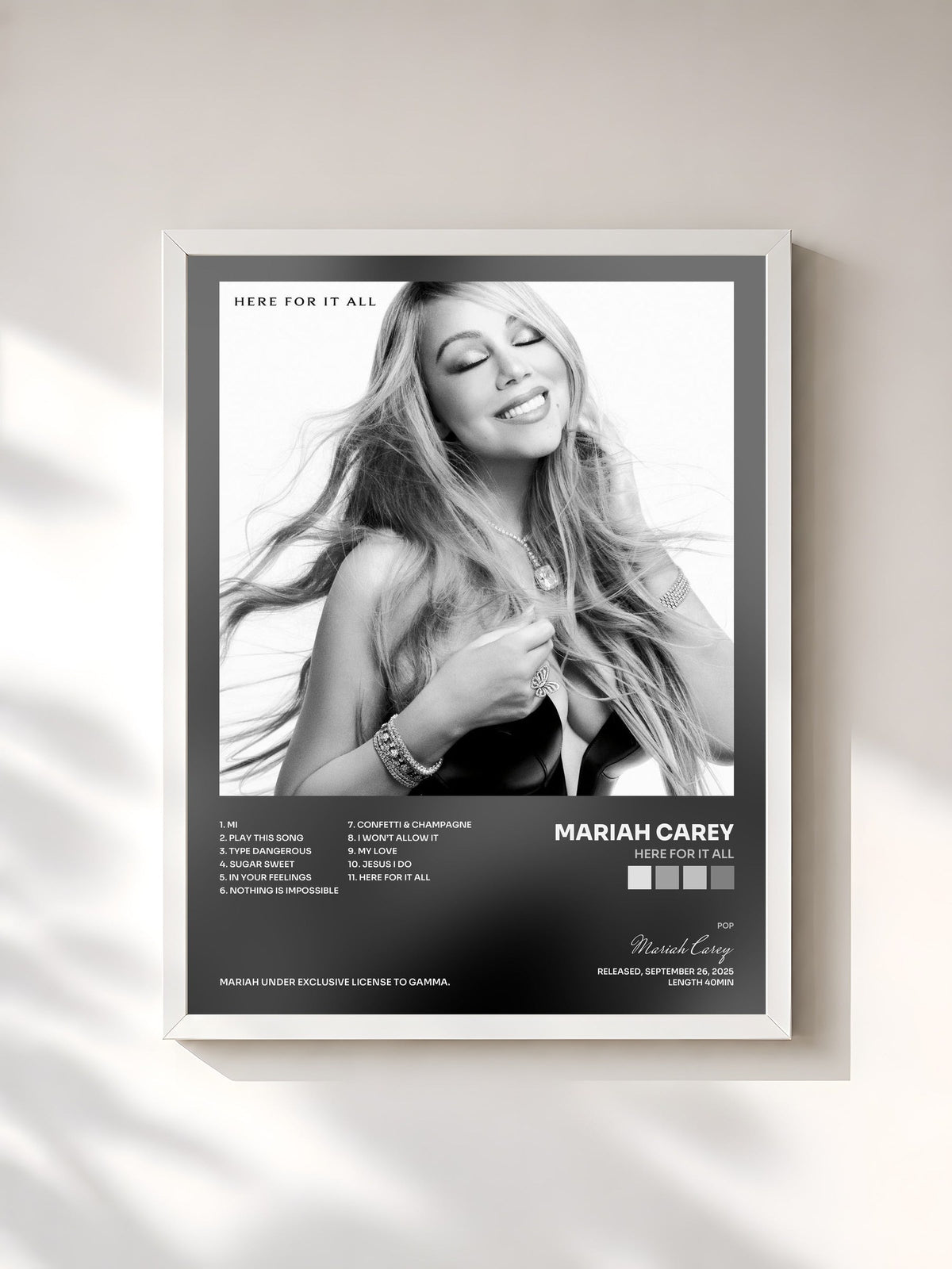#blanc Tableau de l'album Here For It All de Mariah Carey, cadre blanc, imprimé et encadré en France