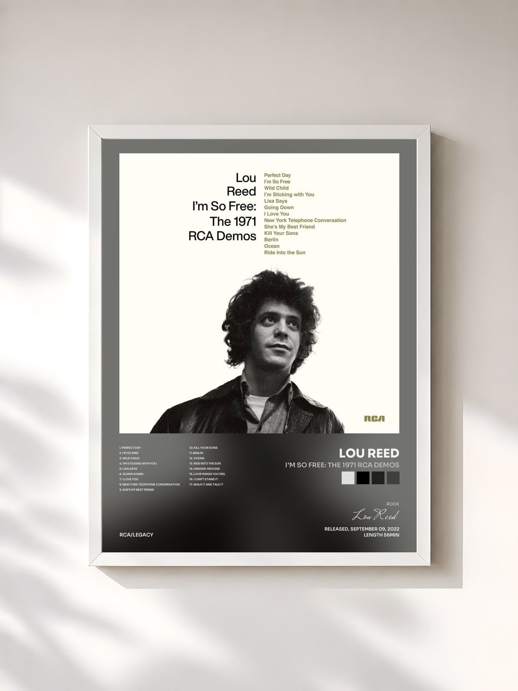 #blanc I'm So Free: The 1971 RCA Demos de Lou Reed en lámina enmarcada, marco blanco, impresa y enmarcada en Francia