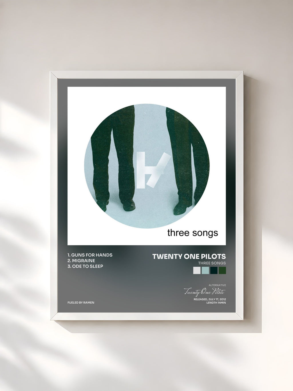 #blanc Tableau de l'album three songs de Twenty One Pilots, cadre blanc, imprimé et encadré en France