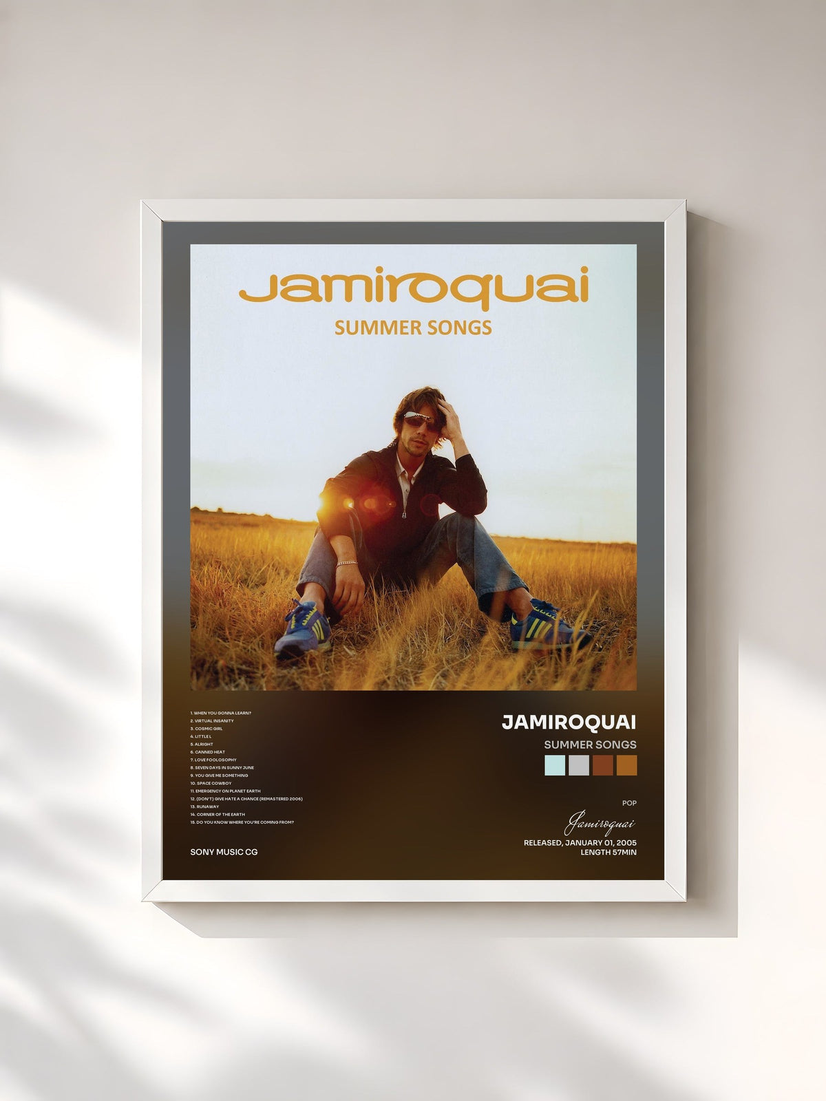 #blanc Summer Songs de Jamiroquai en lámina enmarcada, marco blanco, impresa y enmarcada en Francia