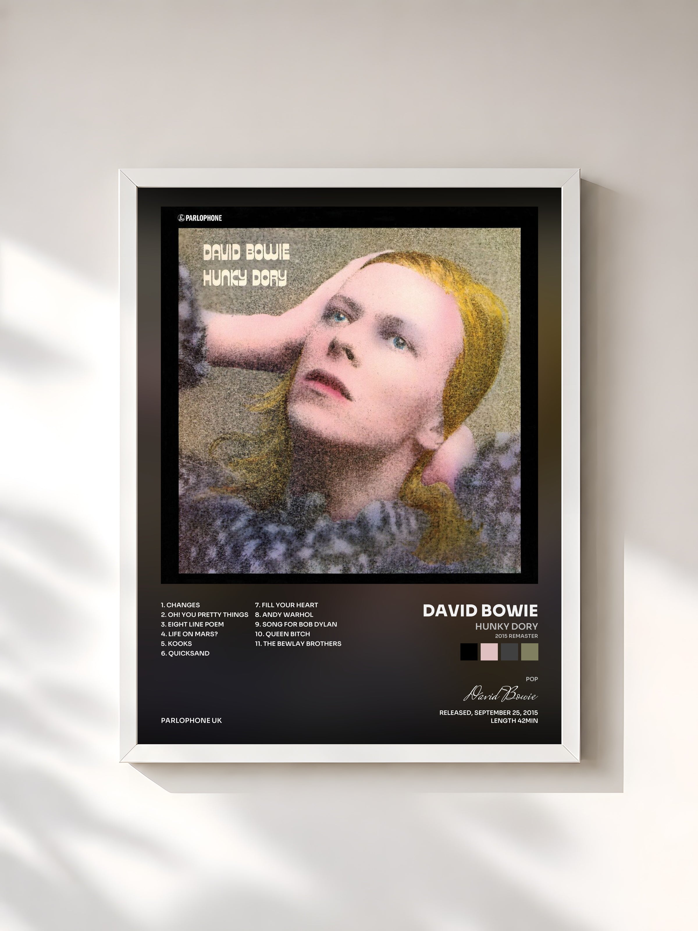 #blanc Hunky Dory (2015 Remaster) by David Bowie as a framed art print, white frame, printed and framed in France