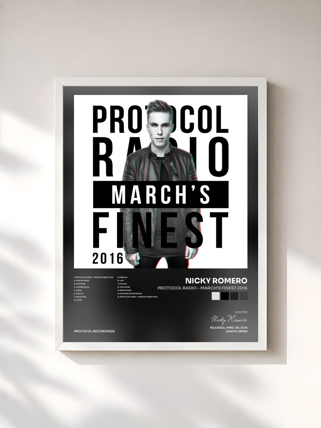 #blanc Tableau de l'album Protocol Radio - March's Finest 2016 de Nicky Romero, cadre blanc, imprimé et encadré en France