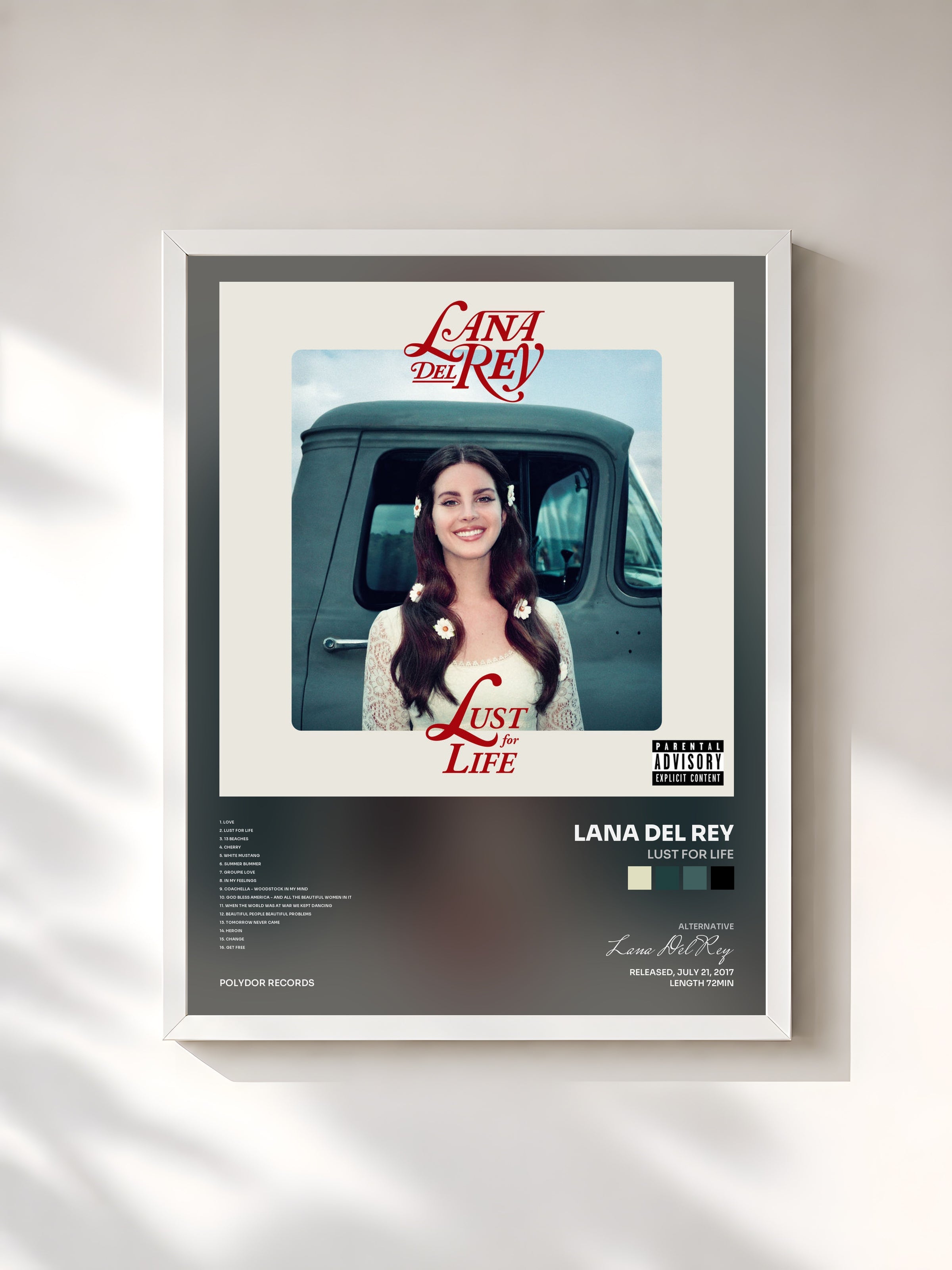 #blanc Tableau de l'album Lust For Life de Lana Del Rey, cadre blanc, imprimé et encadré en France