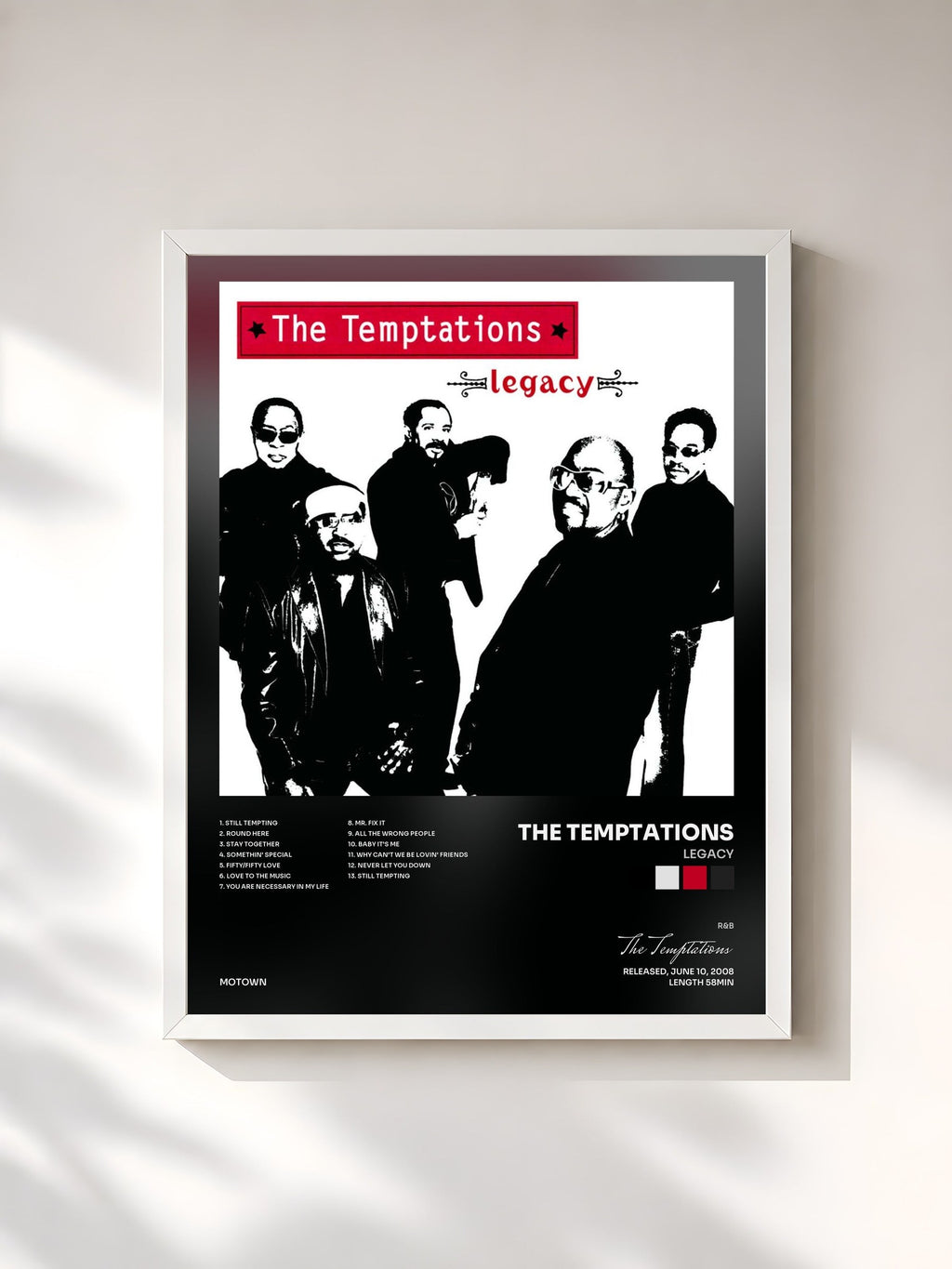 #blanc Tableau de l'album Legacy de The Temptations, cadre blanc, imprimé et encadré en France