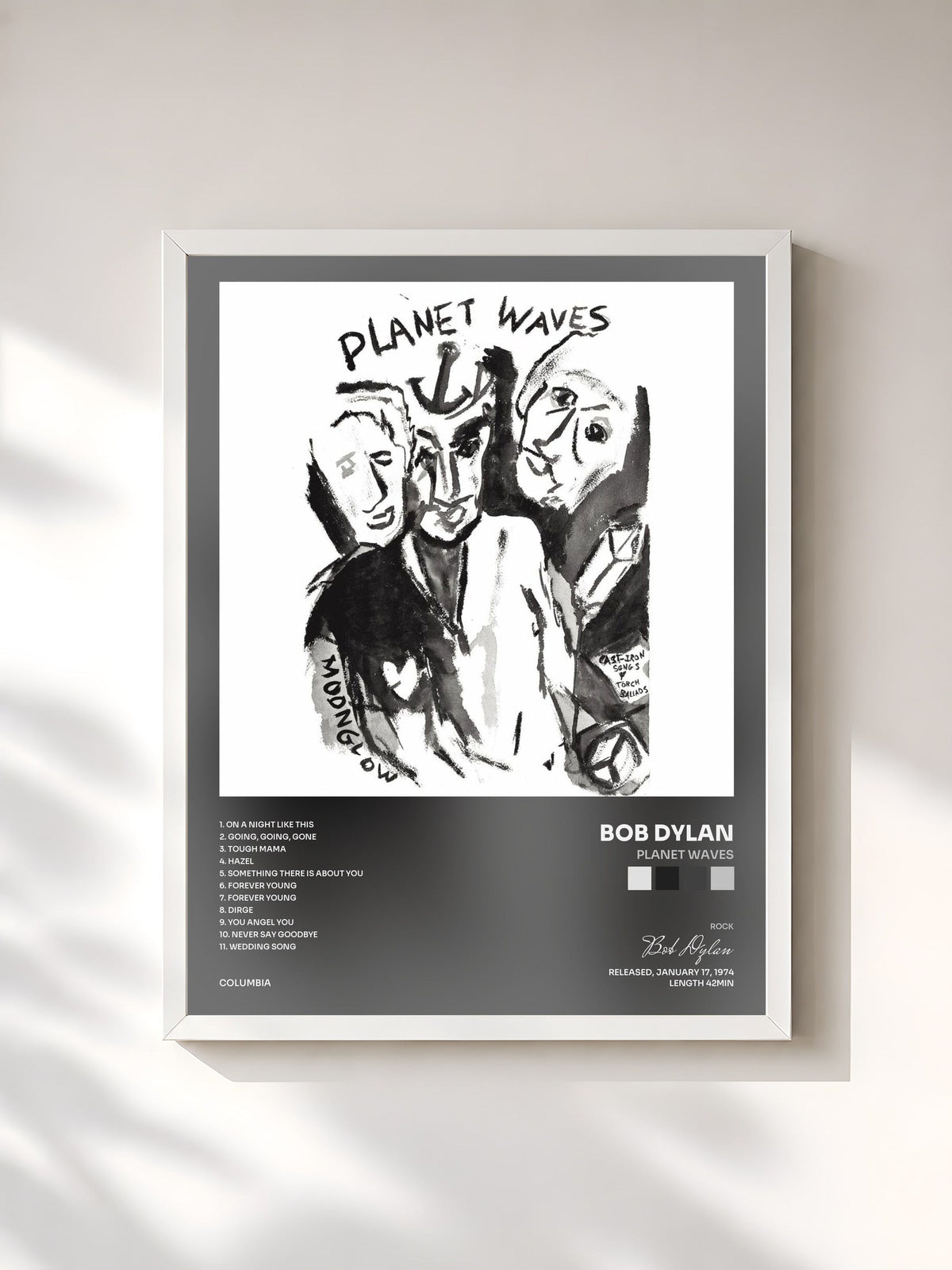 #blanc Tableau de l'album Planet Waves de Bob Dylan, cadre blanc, imprimé et encadré en France