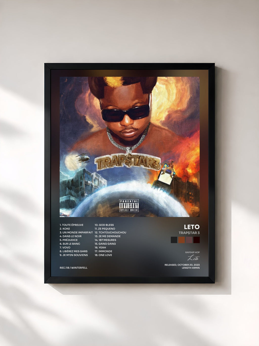 #noir Tableau de l'album TRAP$TAR 3 de Leto, cadre noir, imprimé et encadré en France