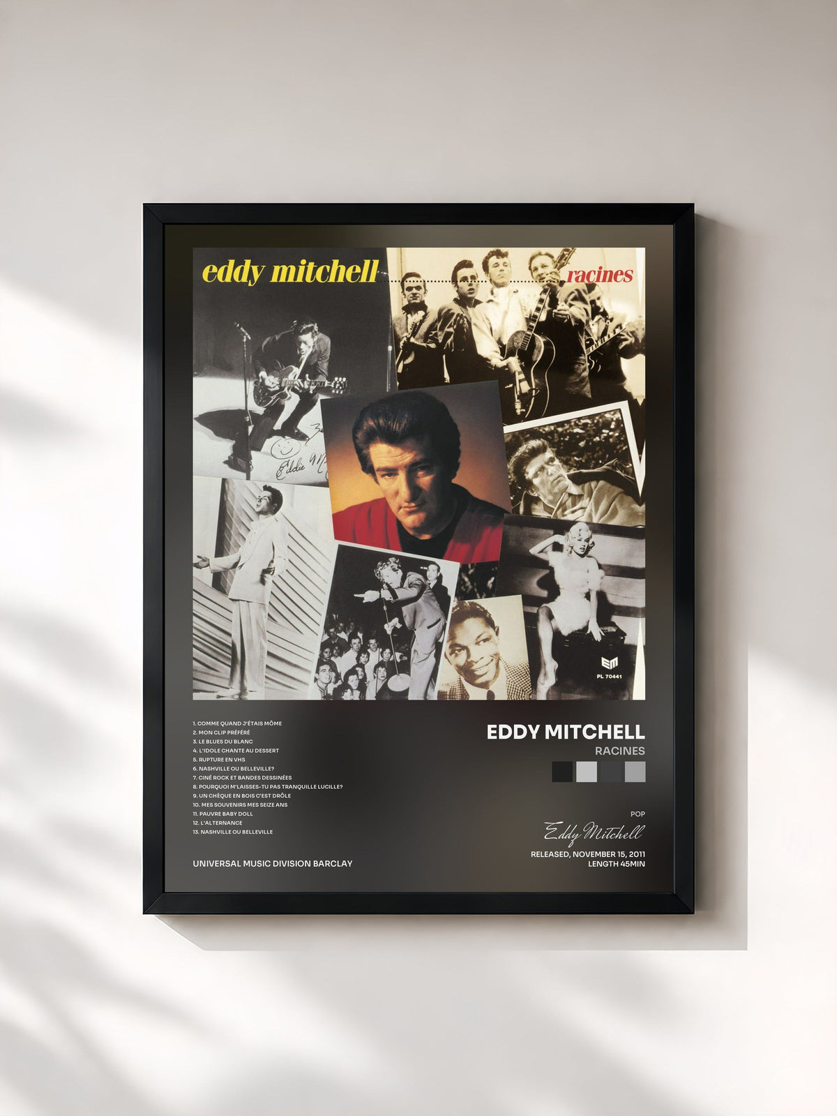 #noir Tableau de l'album Racines de Eddy Mitchell, cadre noir, imprimé et encadré en France