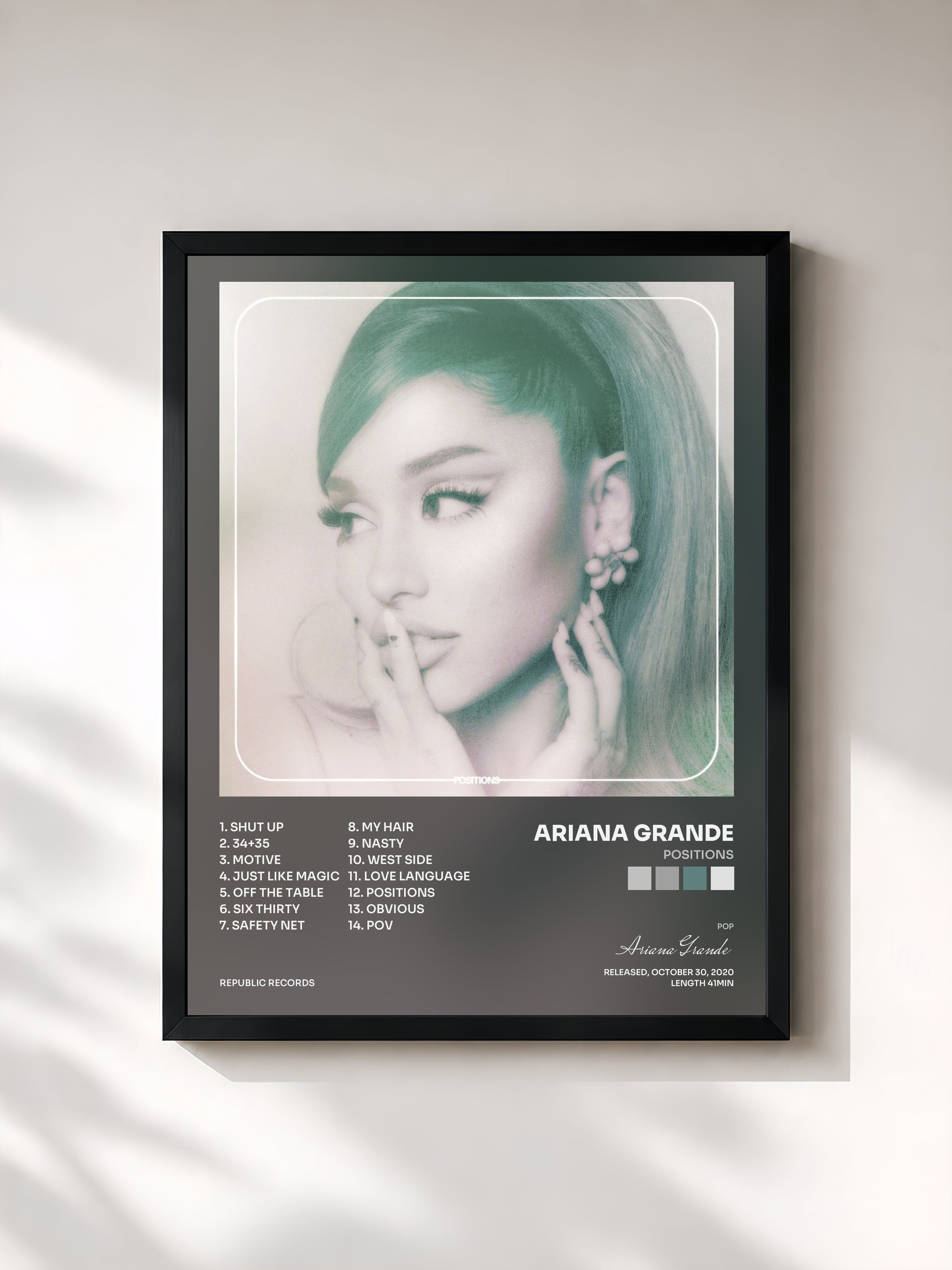 #noir Positions by Ariana Grande as a framed art print, black frame, printed and framed in France