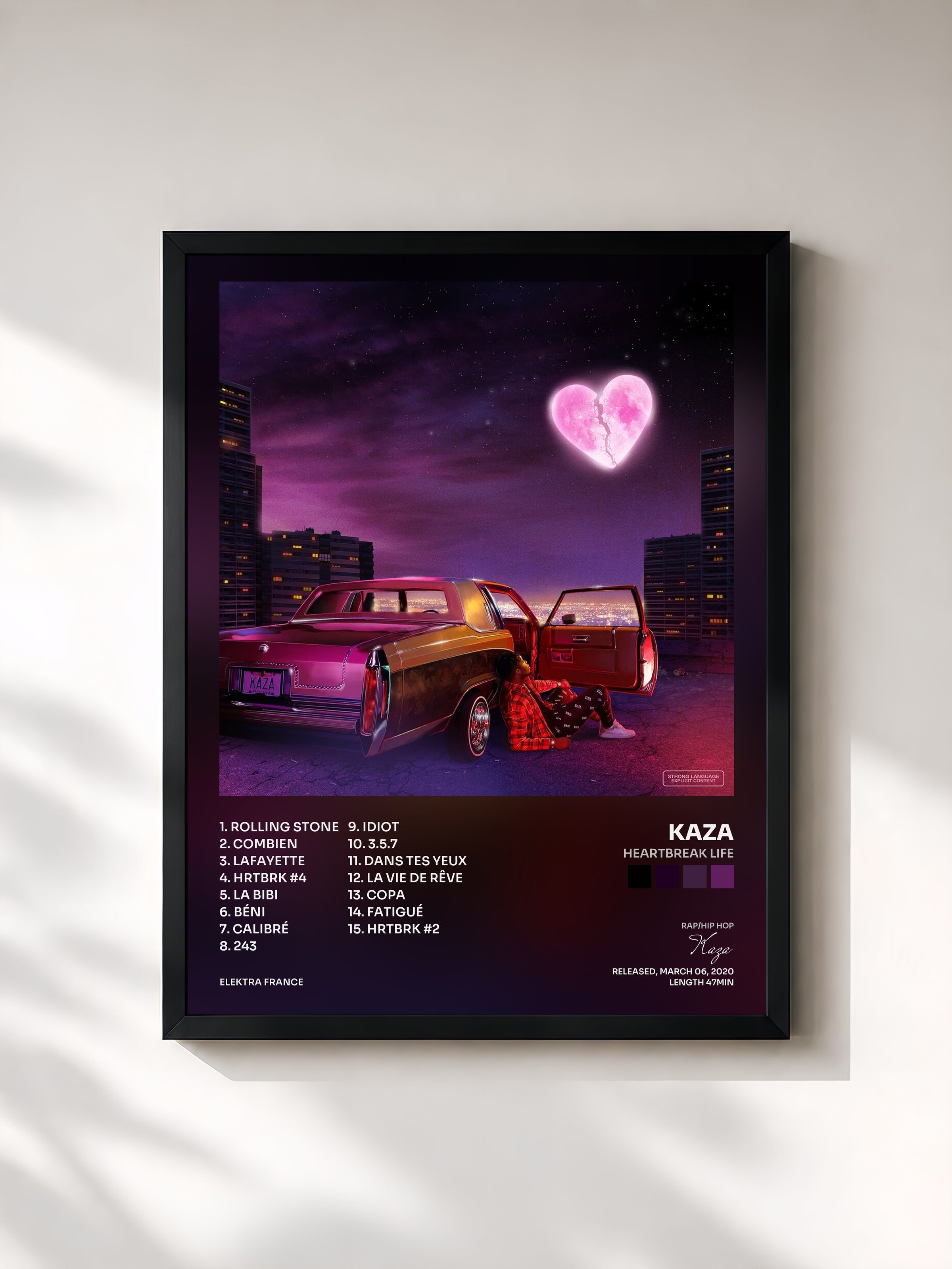 #noir Tableau de l'album HEARTBREAK LIFE de Kaza, cadre noir, imprimé et encadré en France