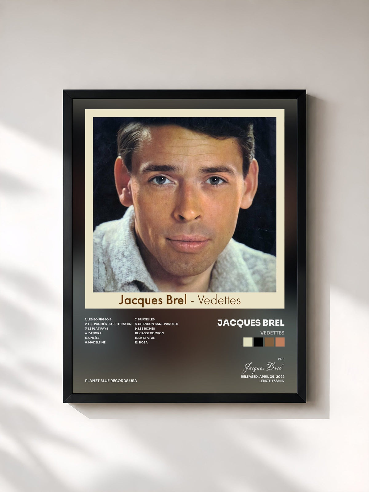 #noir Tableau de l'album Vedettes de Jacques Brel, cadre noir, imprimé et encadré en France