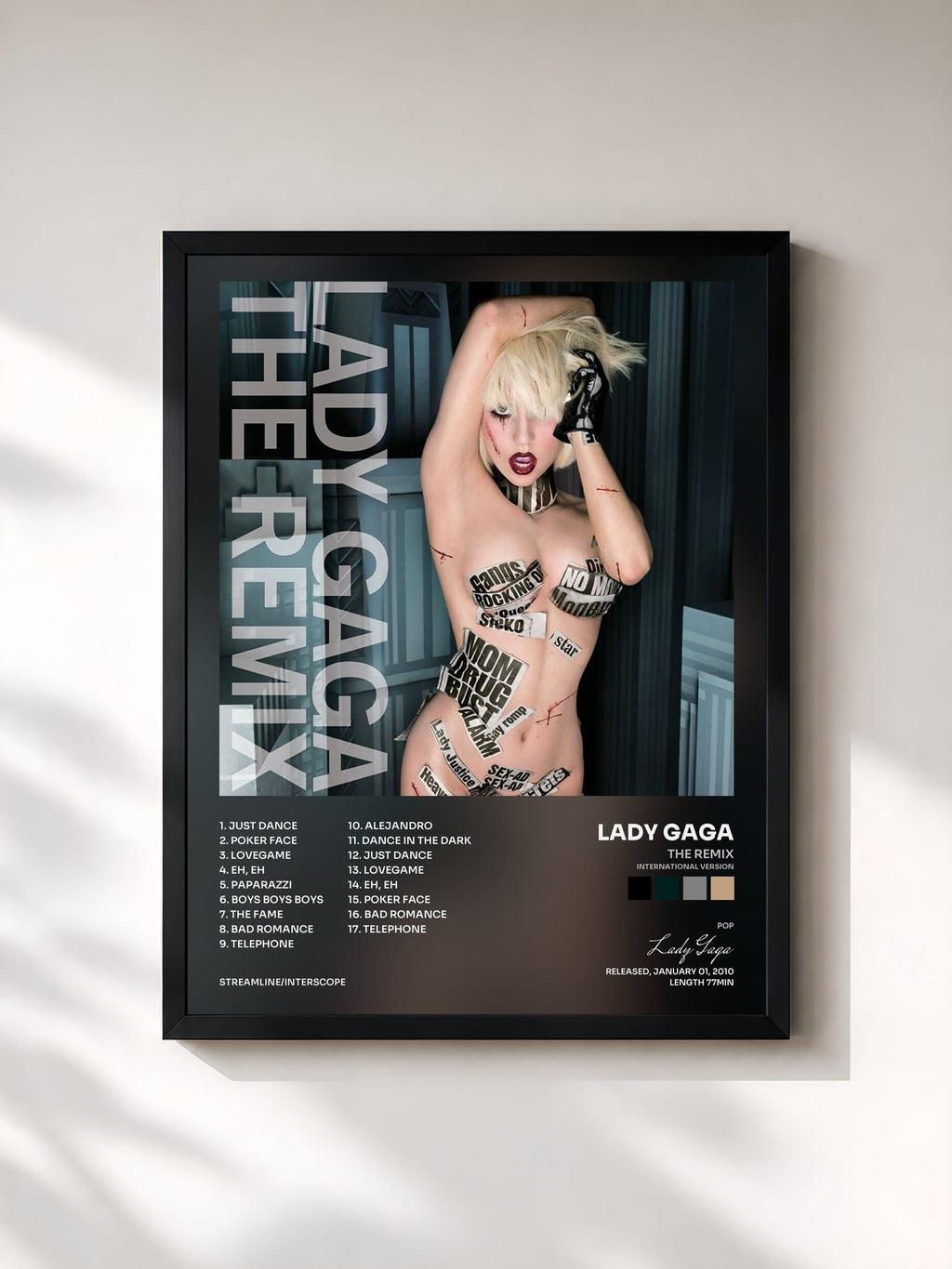#noir Tableau de l'album The Remix (International Version) de Lady Gaga, cadre noir, imprimé et encadré en France