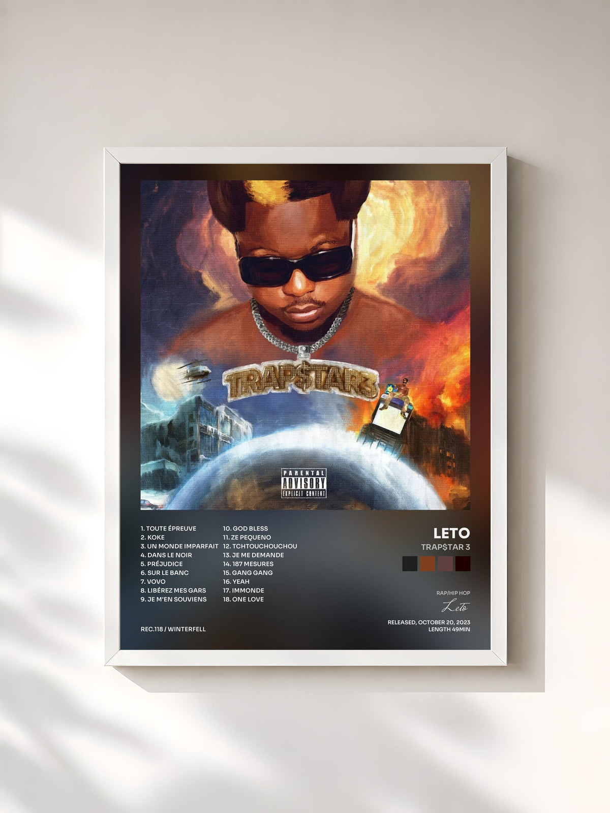 #blanc Tableau de l'album TRAP$TAR 3 de Leto, cadre blanc, imprimé et encadré en France