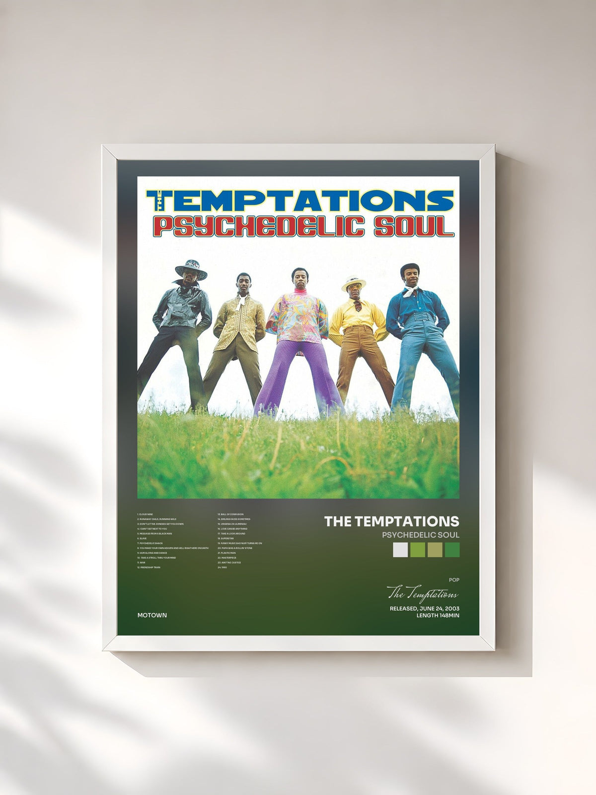 #blanc Psychedelic Soul de The Temptations en lámina enmarcada, marco blanco, impresa y enmarcada en Francia